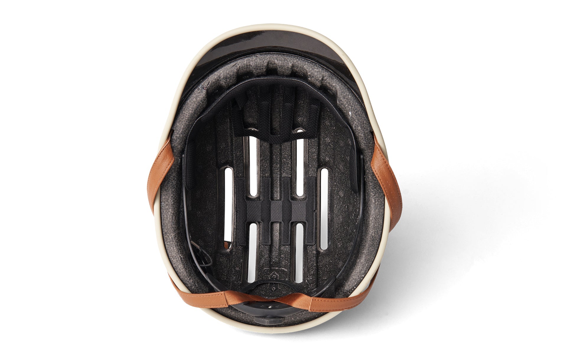 Black protective cycling helmet with brown straps and ventilation holes viewed from above