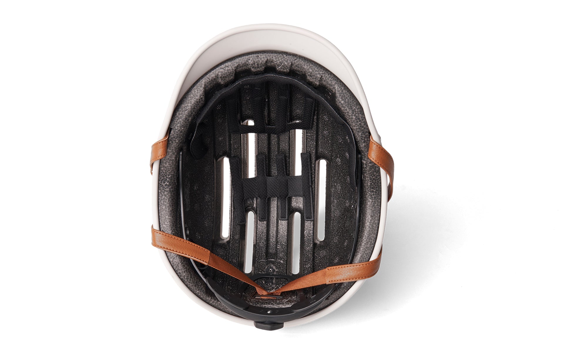 cycling helmet with black strap and white rim brown leather strap on a white background