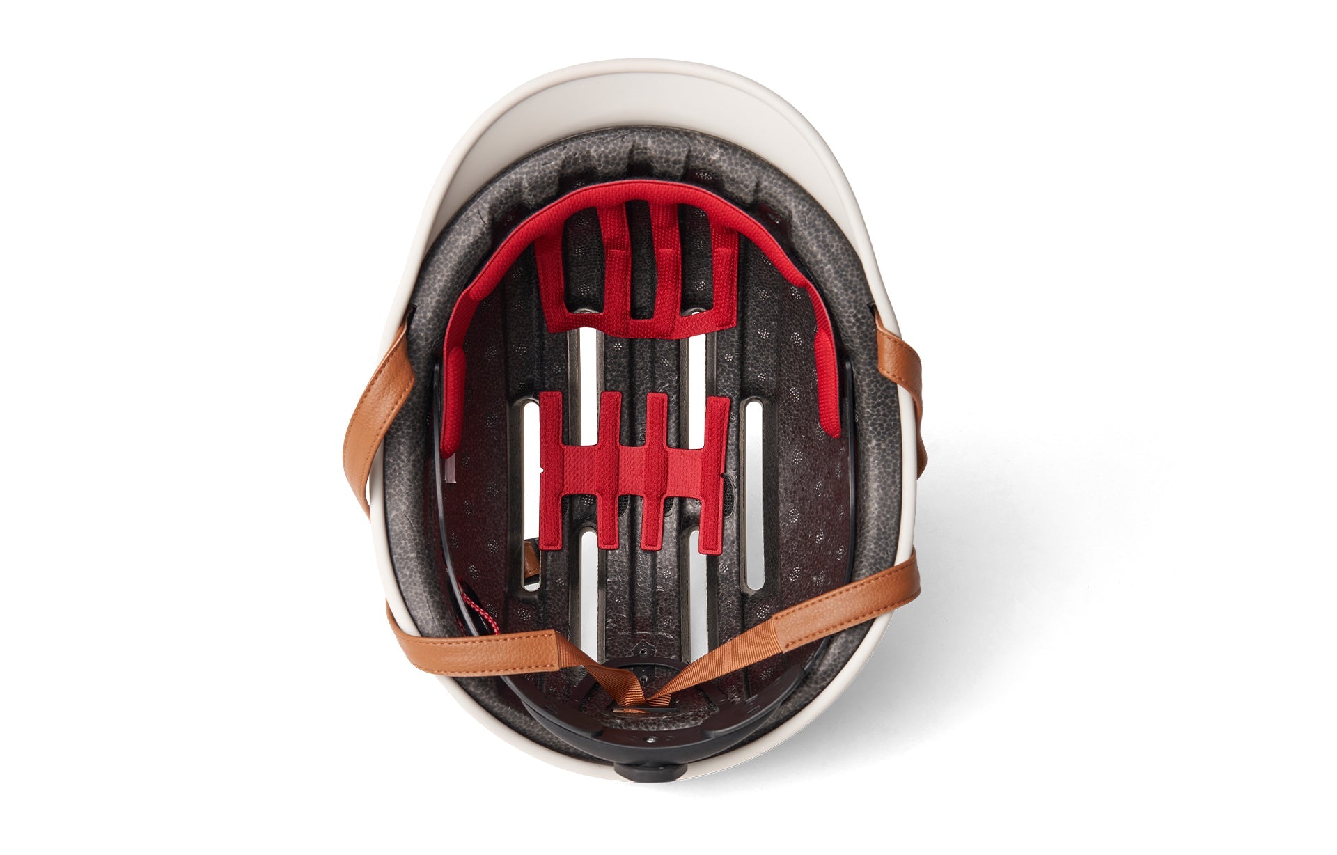 A stylish white and brown cycling helmet viewed from the front with interior padding visible