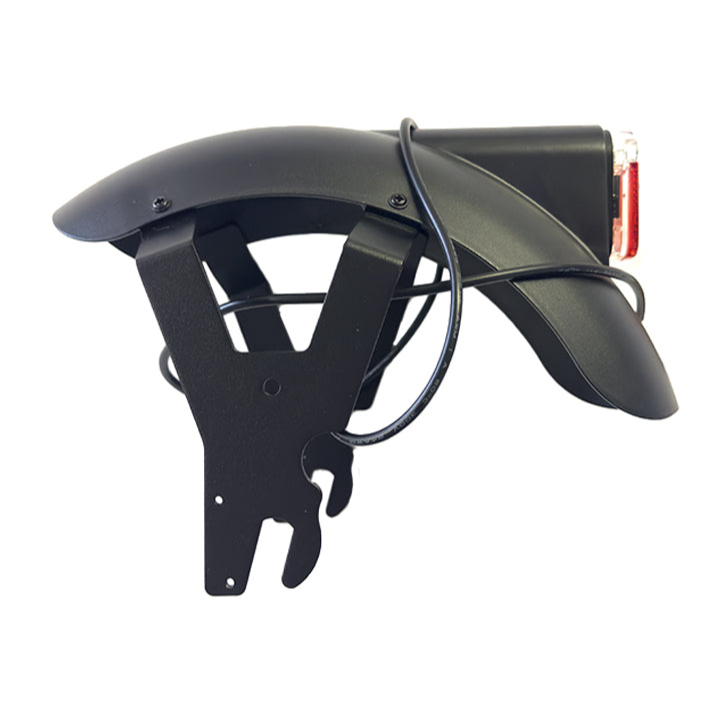 Black rear motorcycle fender with integrated brake light for enhanced safety