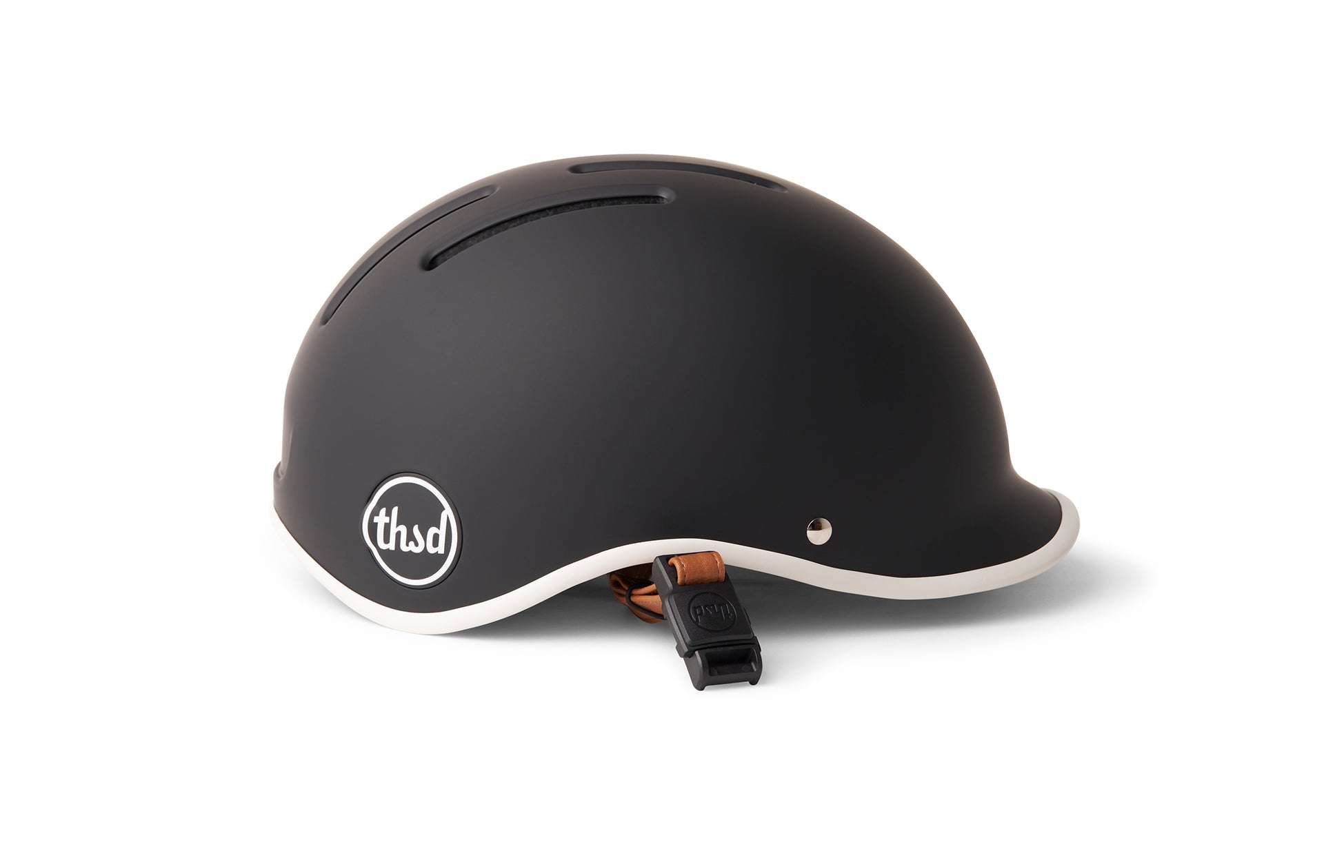 Black THSD helmet for electric scooter users with a black strap attachment