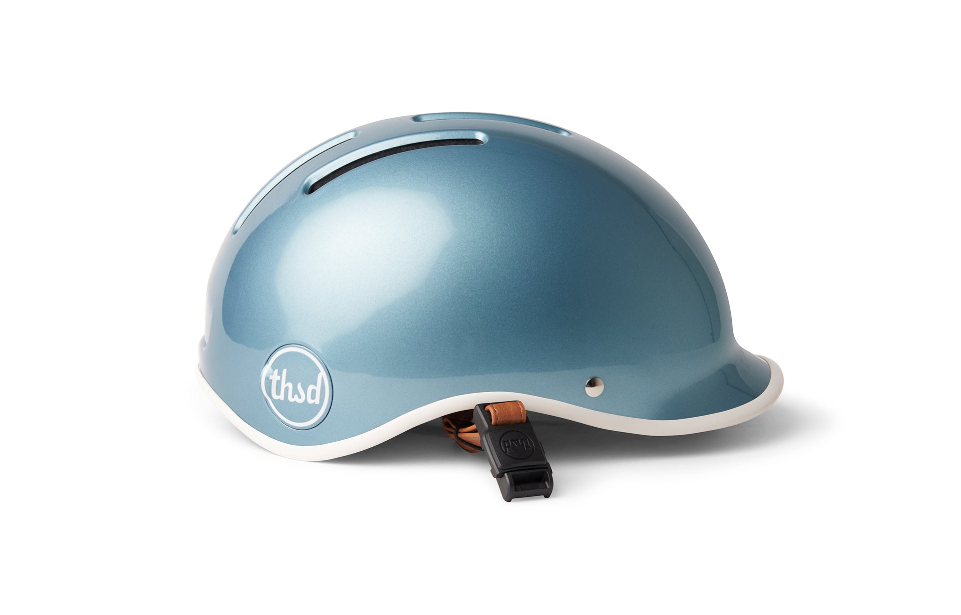 Blue Metallic Hard Hat displayed on a white surface with a brown interior strap