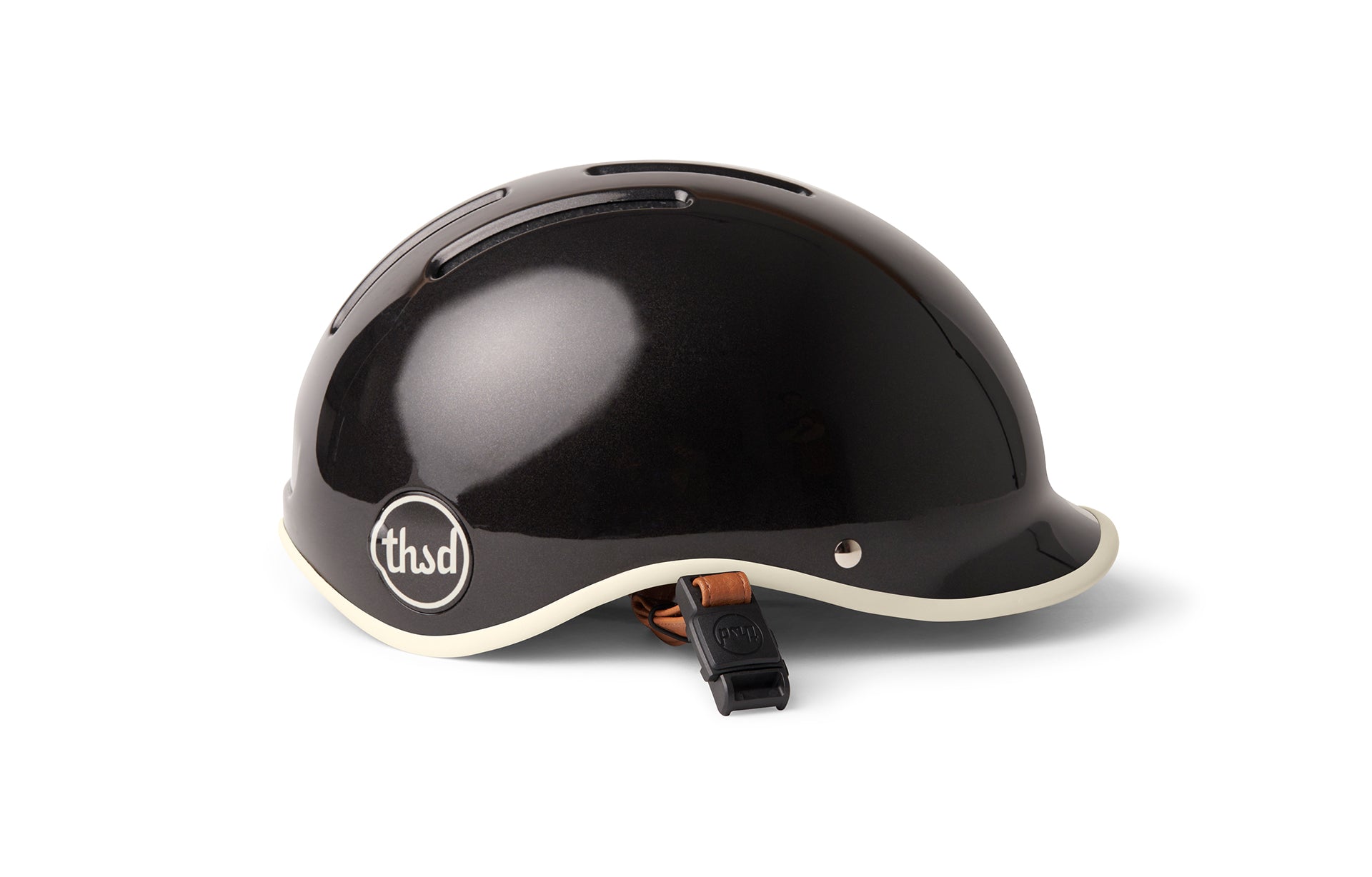 Black Thud Retro Helmet with White Rim Detailing and Thud Logo
