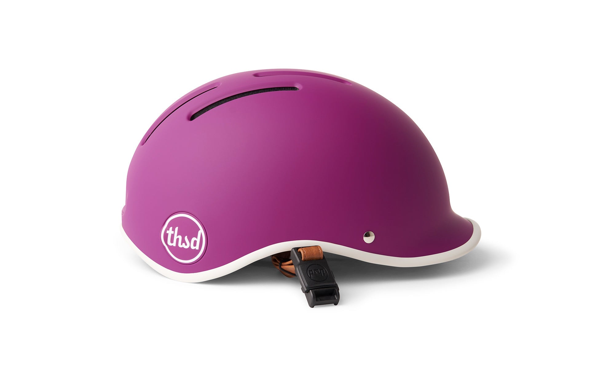 Purple and white cycling helmet with a front logo and a black and brown fastening strap