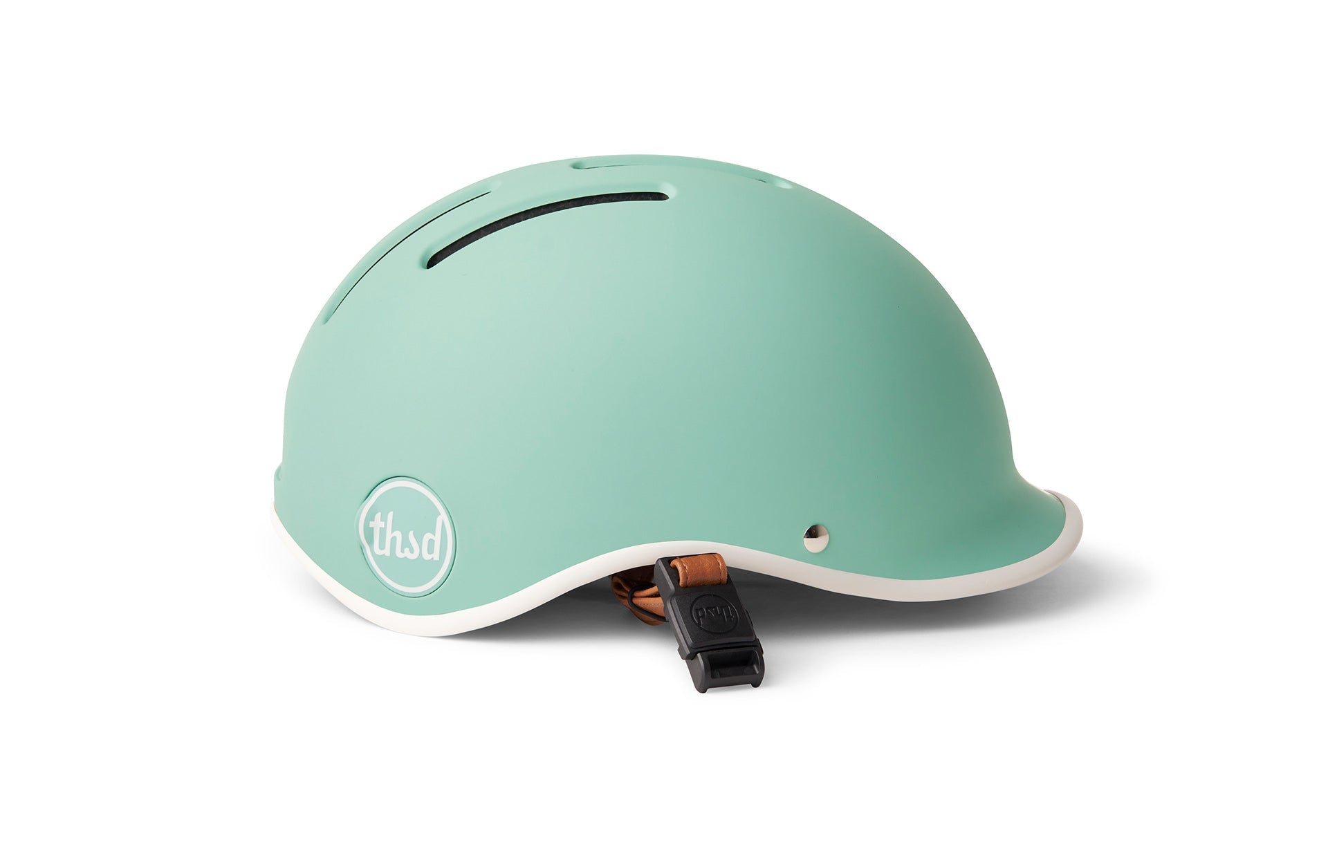 Mint-colored helmet with a logo on front shell and locking mechanism on side.