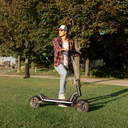 Person riding an electric scooter in a park with trees and a city skyline in the background