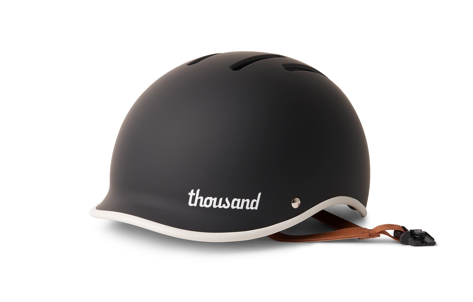 Black matte helmet with a word 'thousand' on top, featuring brown leather straps
