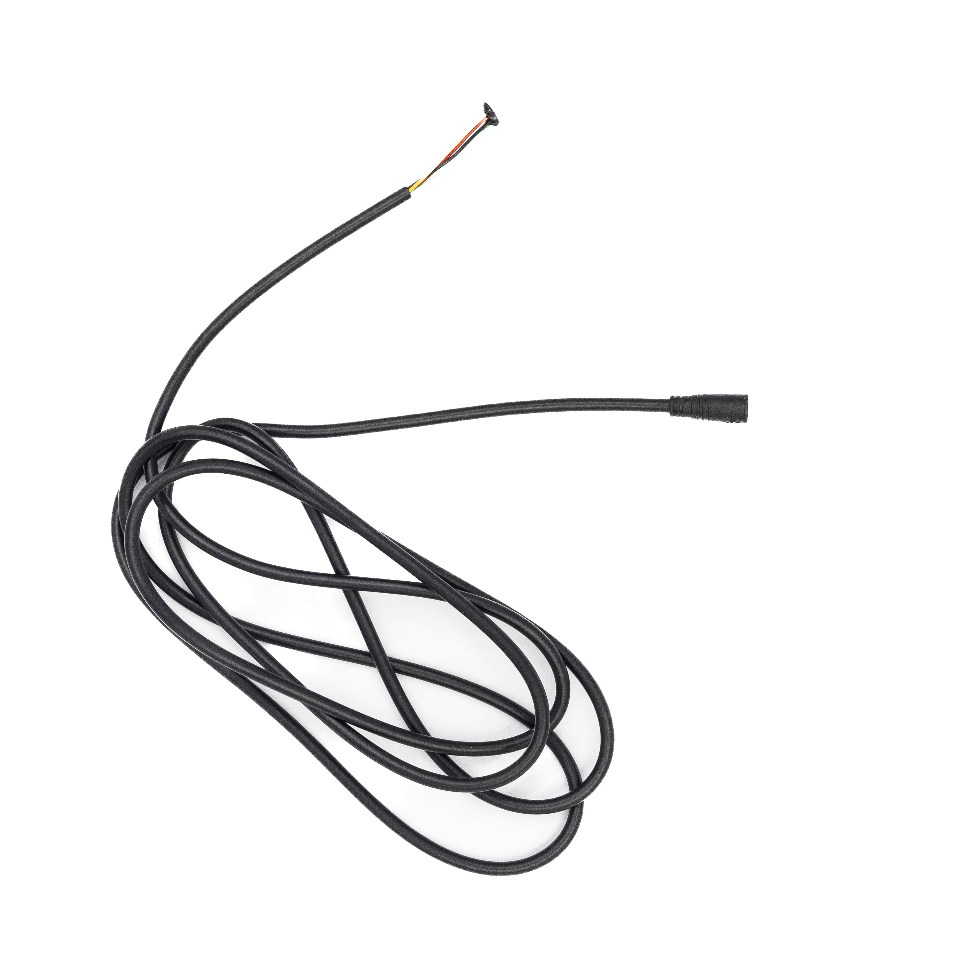 Black electrical wiring with a flat connector and several intertwined cables against a white background