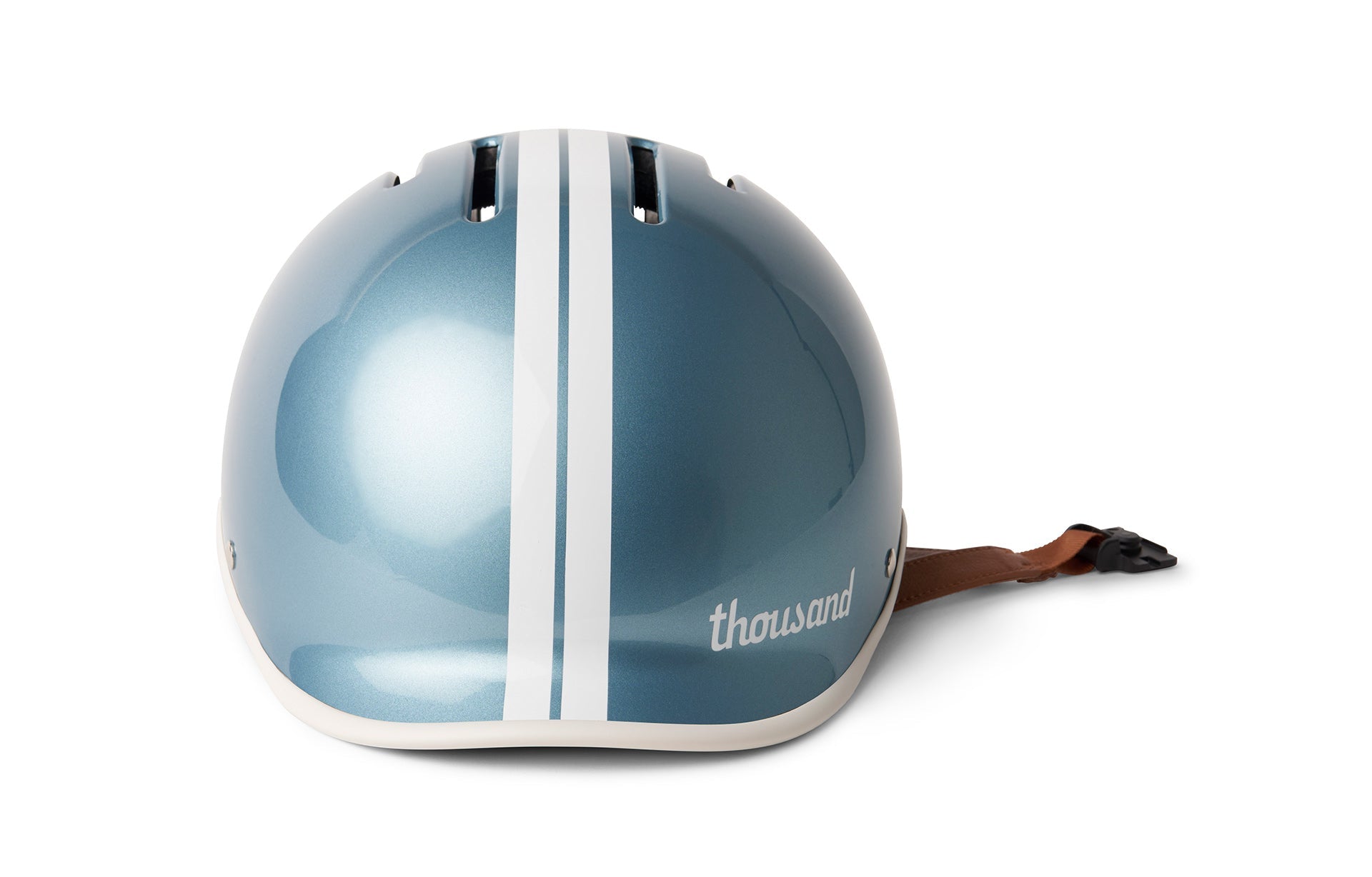 Blue thousand helmet white striped design front view white background