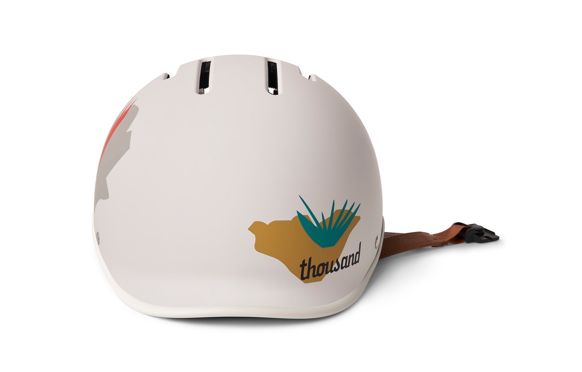 Thousand brand design white helmet with black strap and adjustable buckle on white background