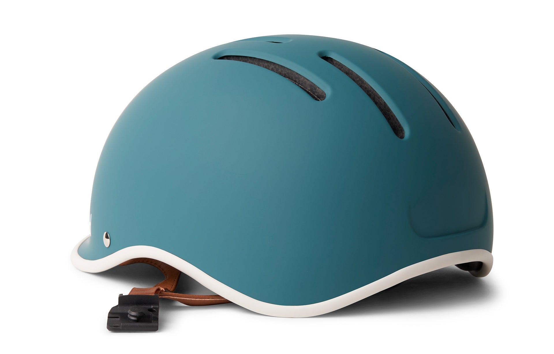 Adult size helmet in blue with black strap on the bottom corner.