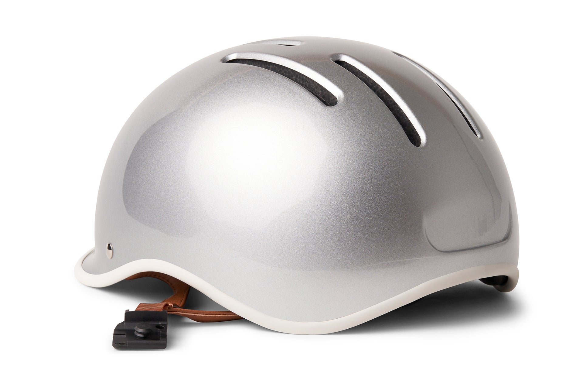 Silver helmet with brown strap and visor for maximum head protection