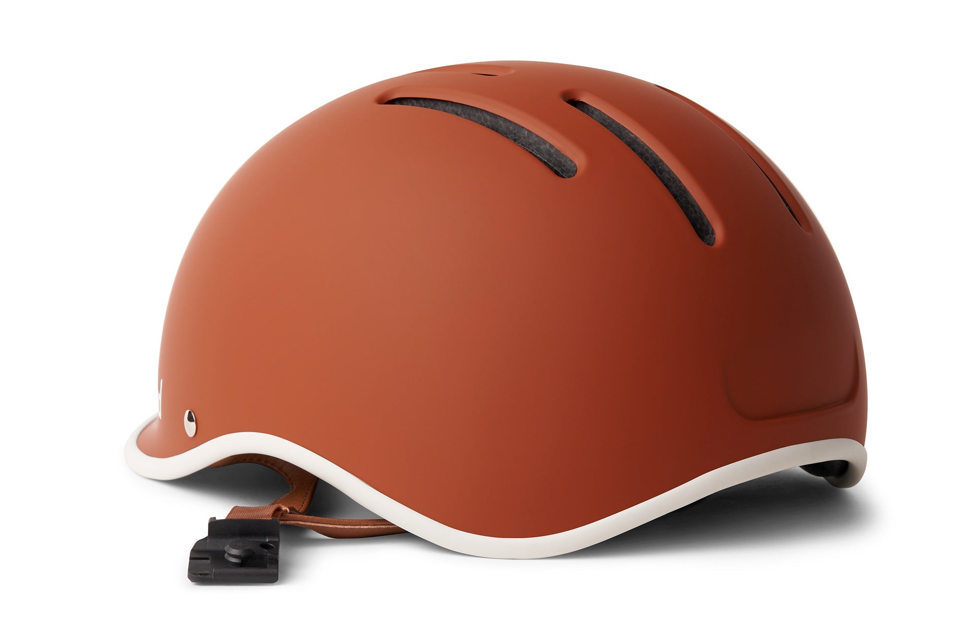 A copper and white bicycle helmet showing vents on the side