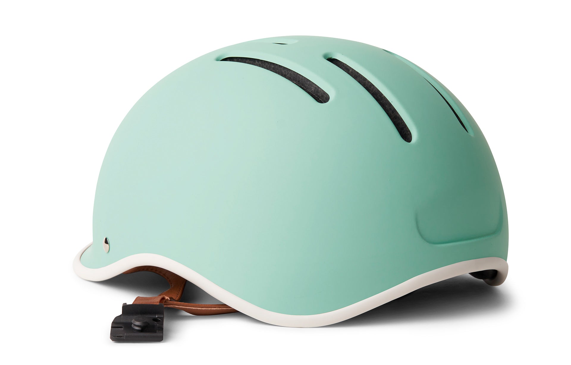 Teal bicycle helmet with vent holes in the front and light brown strap on a white background.