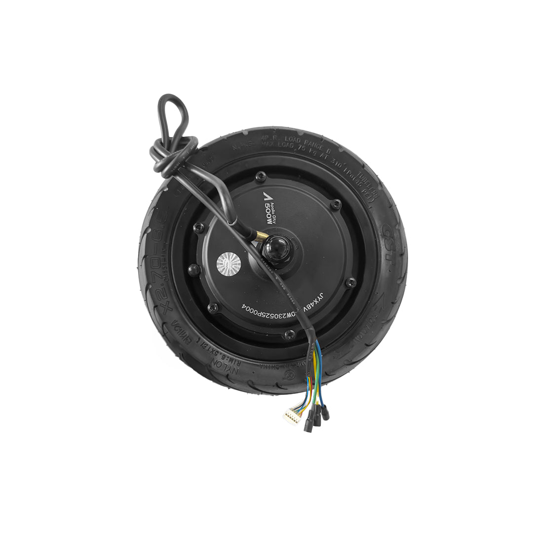 Black motor wheel 8.5 diameter with wired connection for electric scooter against white background