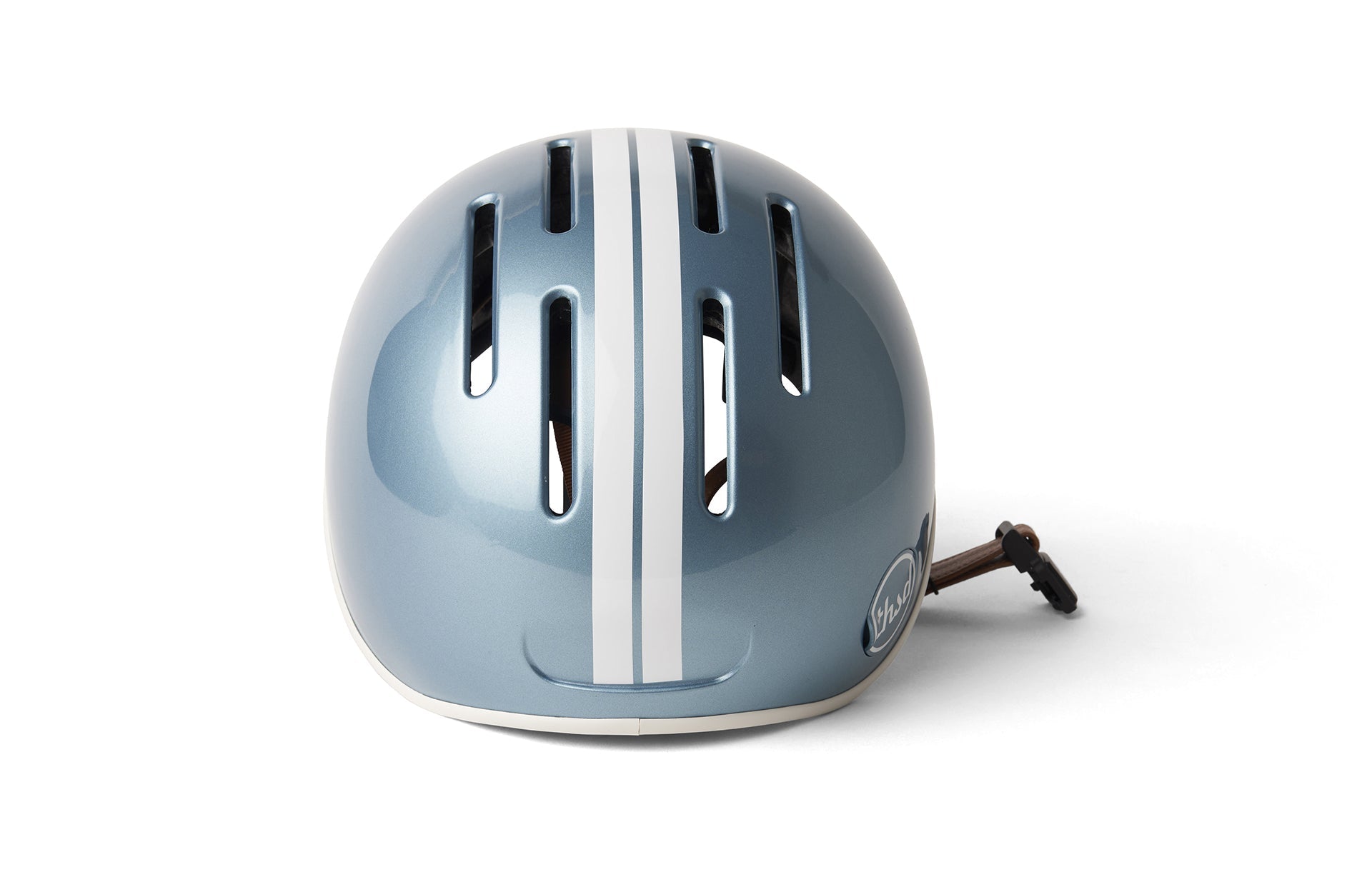 Cycling helmet with strap and ventilation holes shown on white background