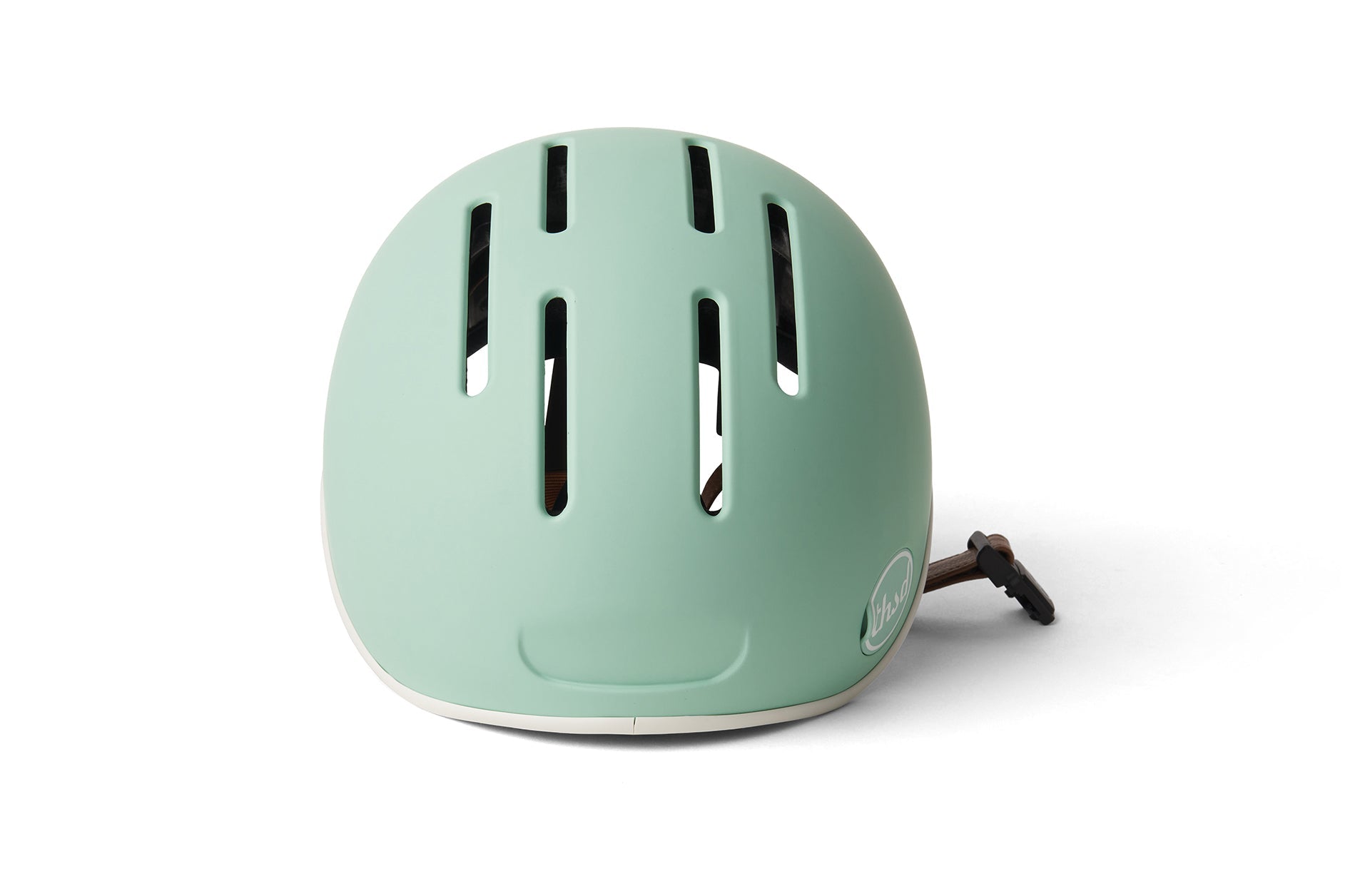 Lightweight Cycle Helmet - Front View with Strap Hanging Down Mint Green