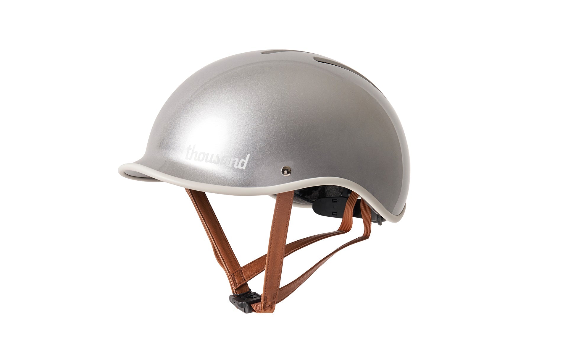 Grey leather cycling helmet with wide eyelet for easy adjustment