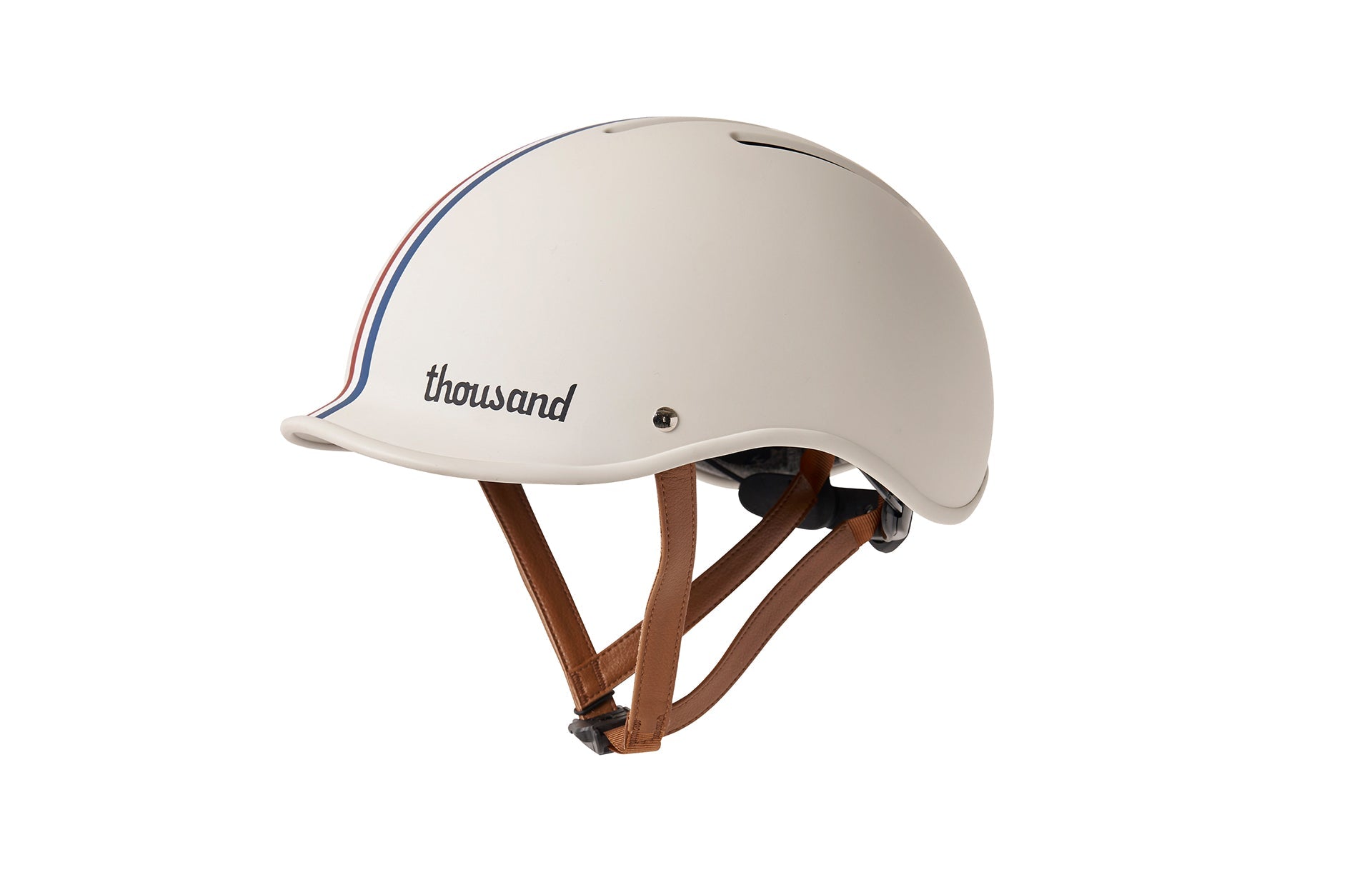Thousand white matte bicycle helmet with white underband and brown straps in white background