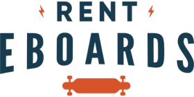 Rent Eboards written in blue with an image of a red skateboard on a black background