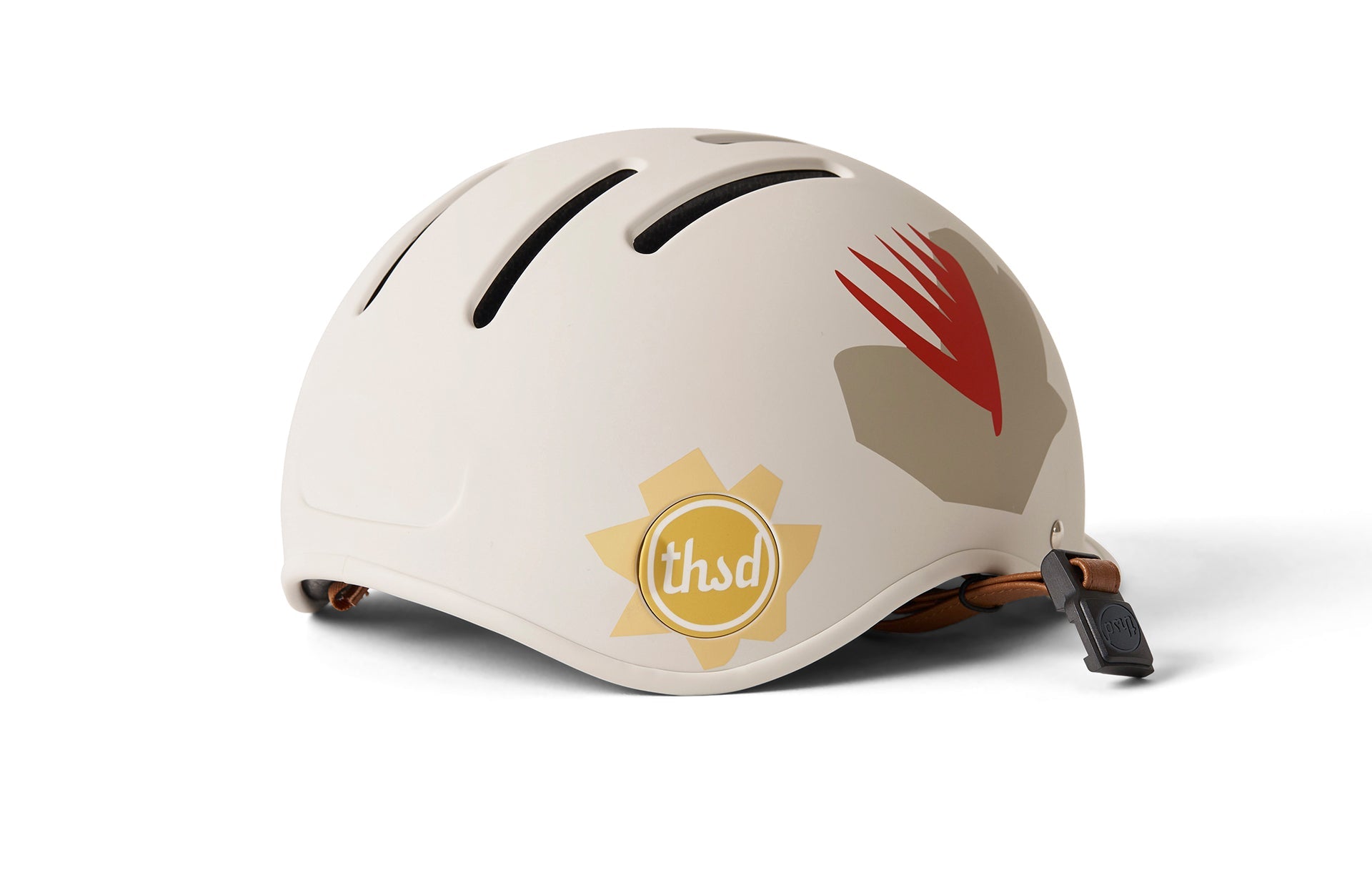White third generation hard shell helmet with yellow sun logo and branding on front