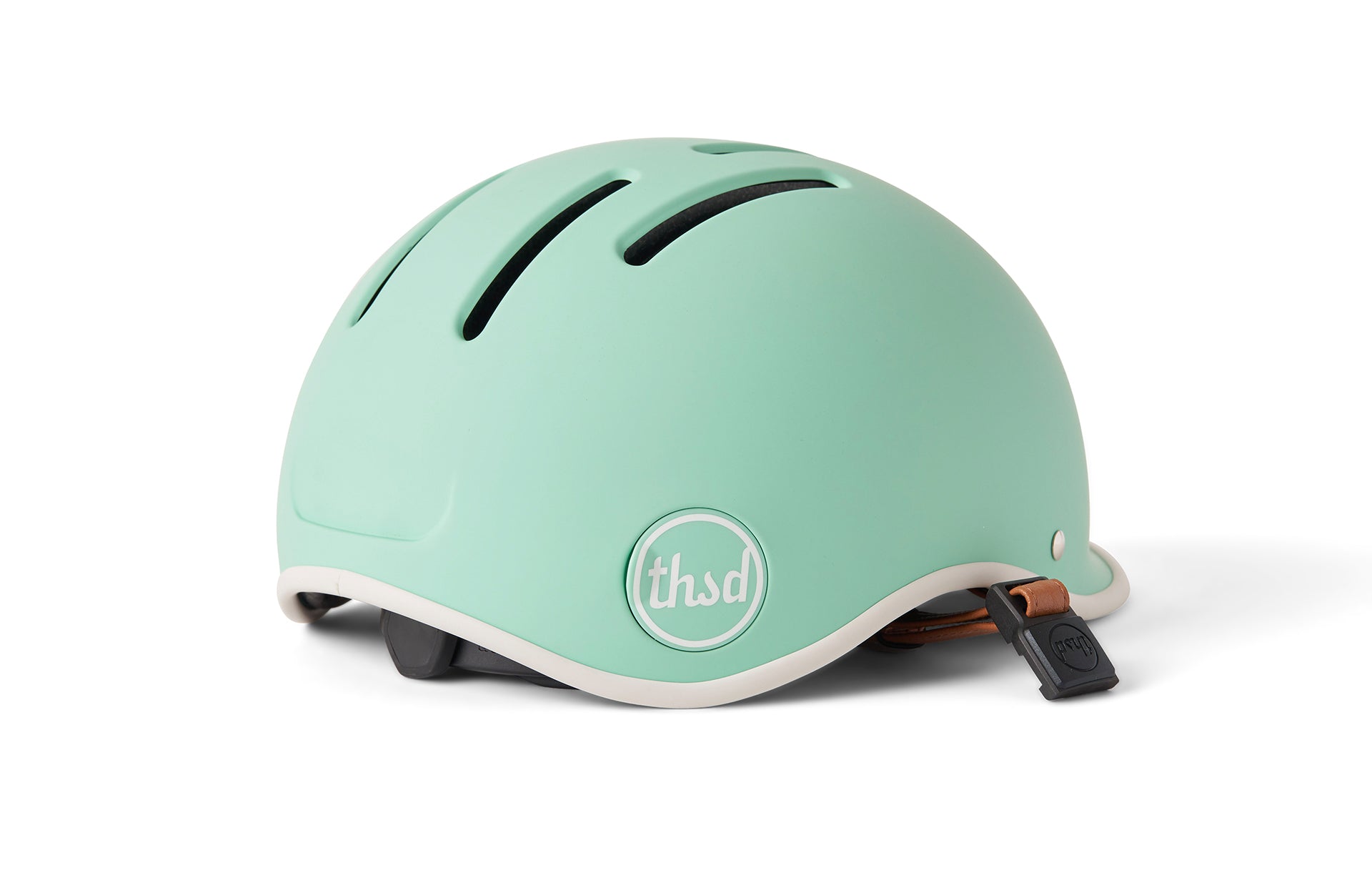 Mint green colored bike helmet displayed against a white background. Helmet features a strap lock on the back edge of the helmet.