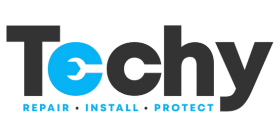 Tochy logo featuring bold, modern font with a blue and grey color scheme and the words Repair, Install, Protect in cursive under it.