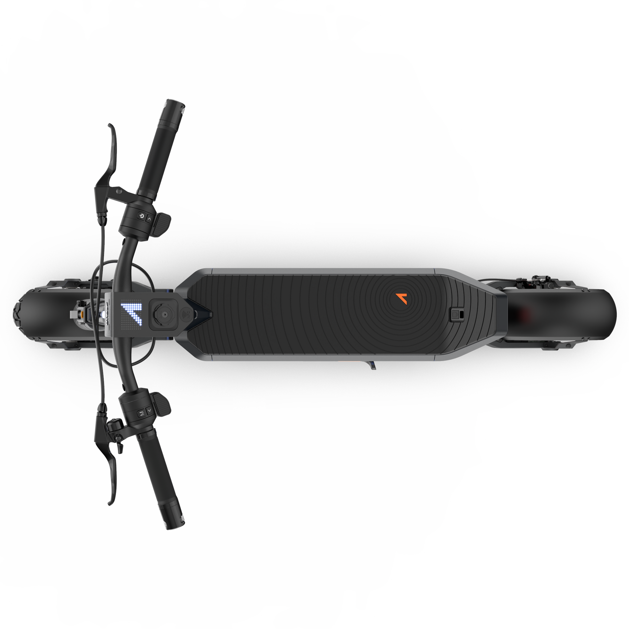 Aerial black e-scooter viewed from the front with buttons on the handlebars and battery lights lit