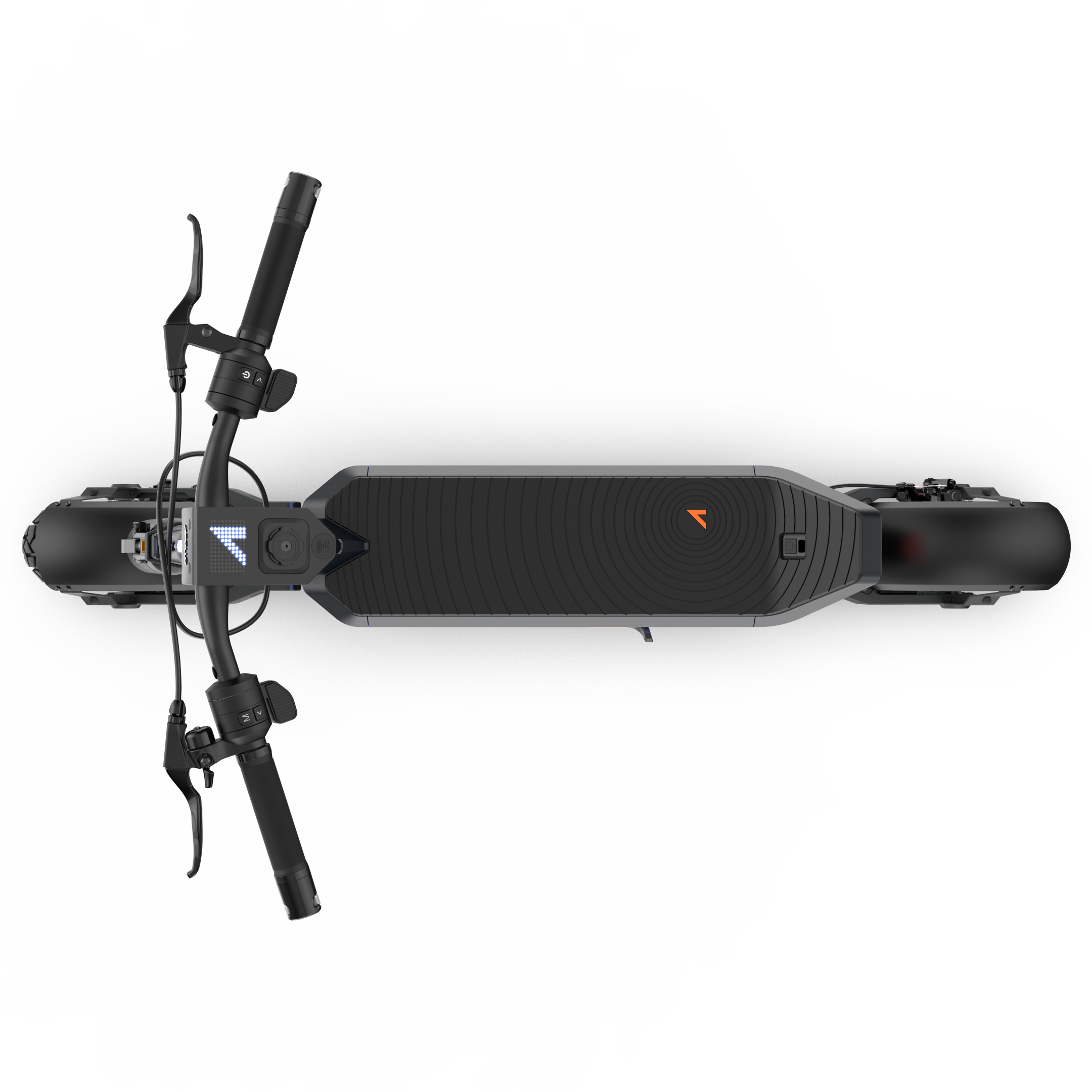 Aerial black e-scooter viewed from the front with buttons on the handlebars and battery lights lit