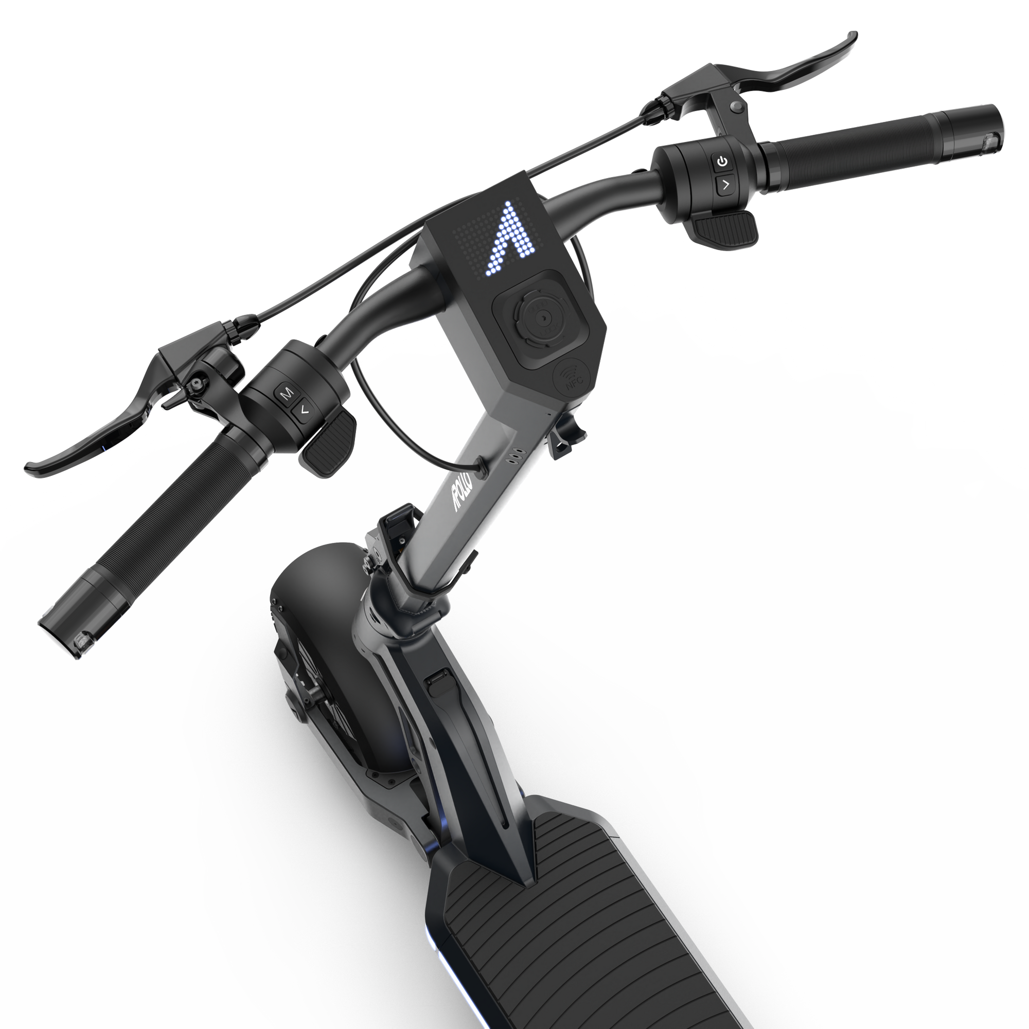 An electric scooter with a modern design displays its handlebars, handle, and charging port