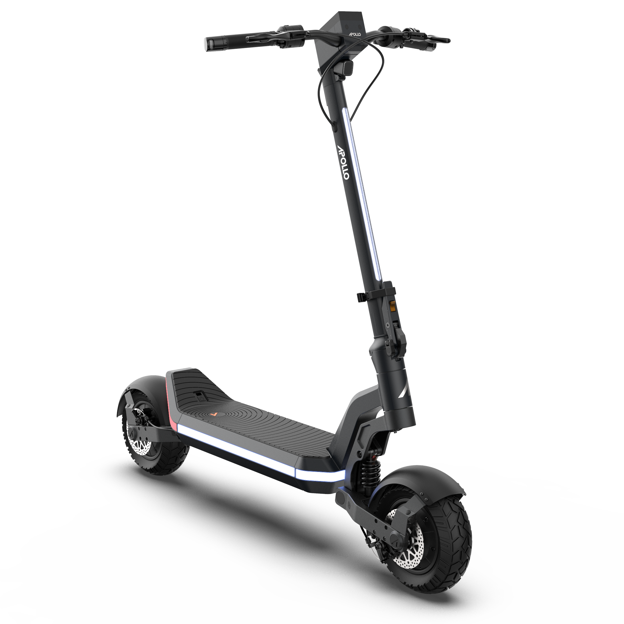 View of the front of Apollo Scooter in white and black with grey handlebars and headlights