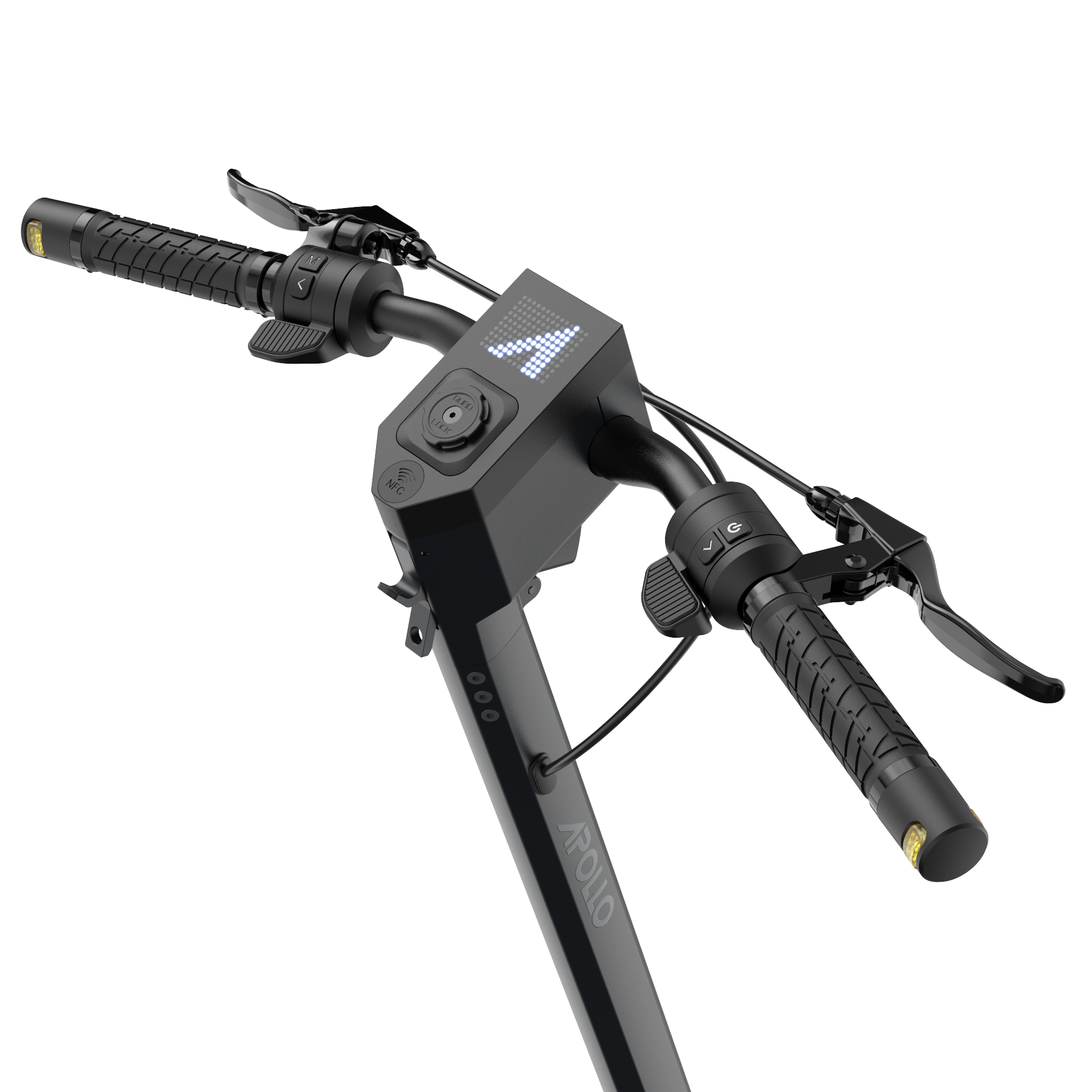 A close up of the handlebar brake system and e-scooter display on the Phantom 2.0 (52V).