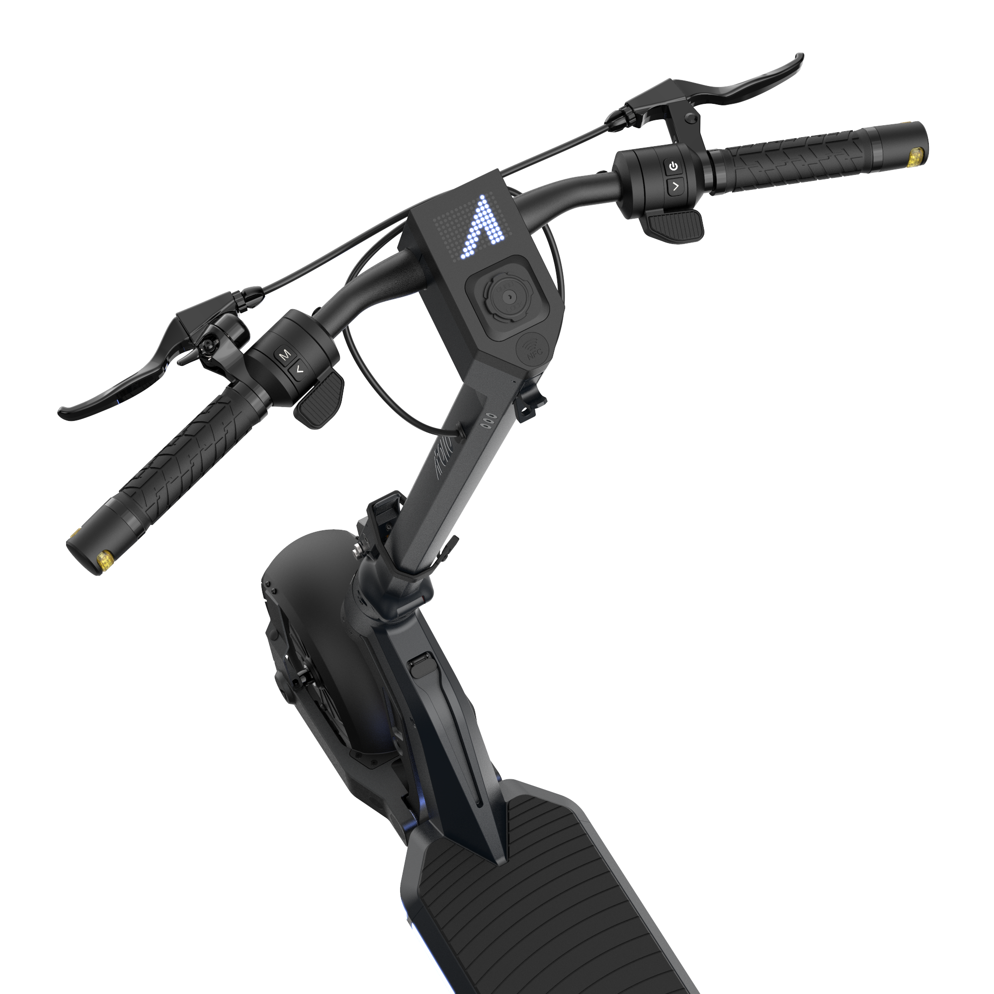 A top view of the Apollo Phantom 2.0 high performance electric scooter display and handlebars.