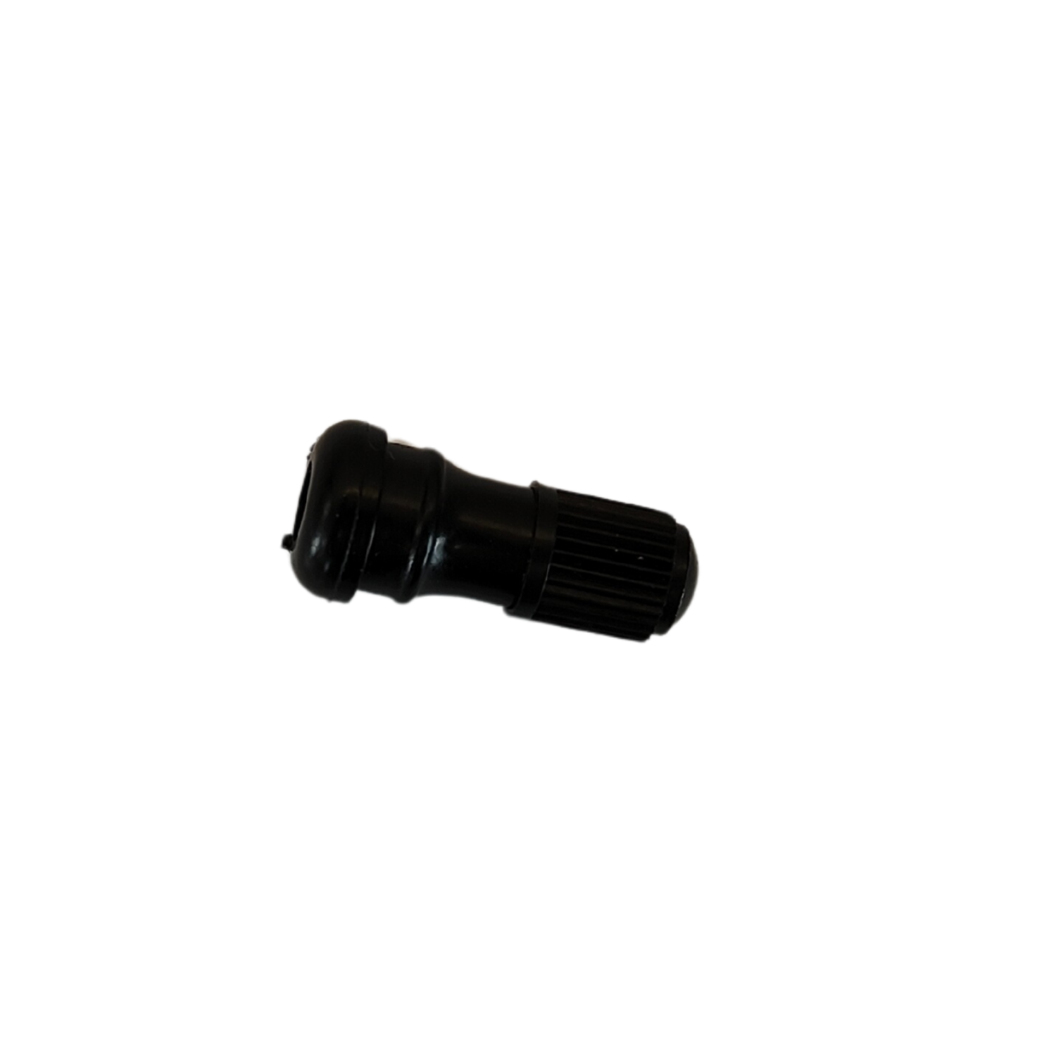 Black rubber valve stem in close up angled view with black background