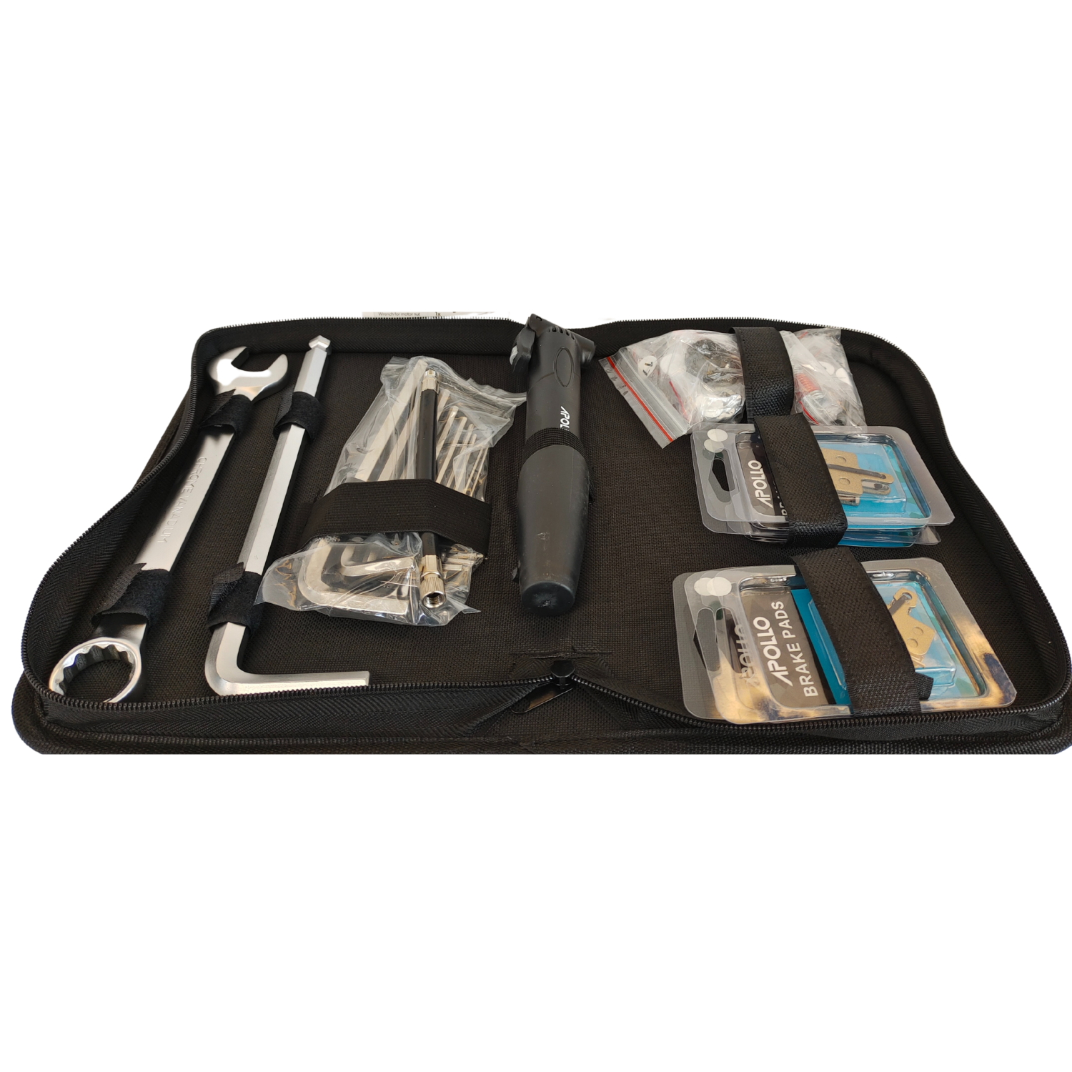 An open black toolbox with wrenches, pliers, and packages including Apollo brake pads.