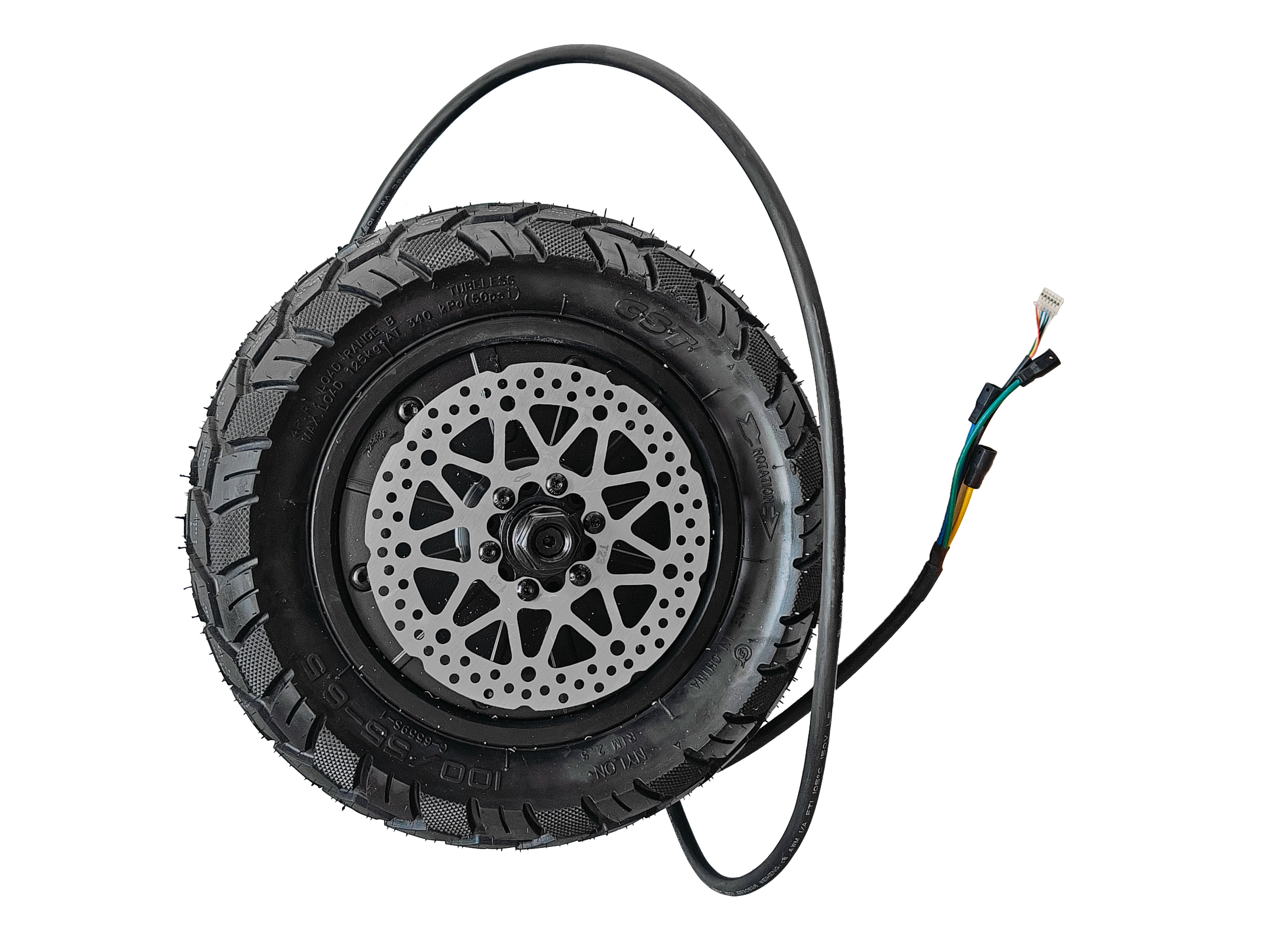 Black tire with a wired motor attached, close up for e-bike product showcase