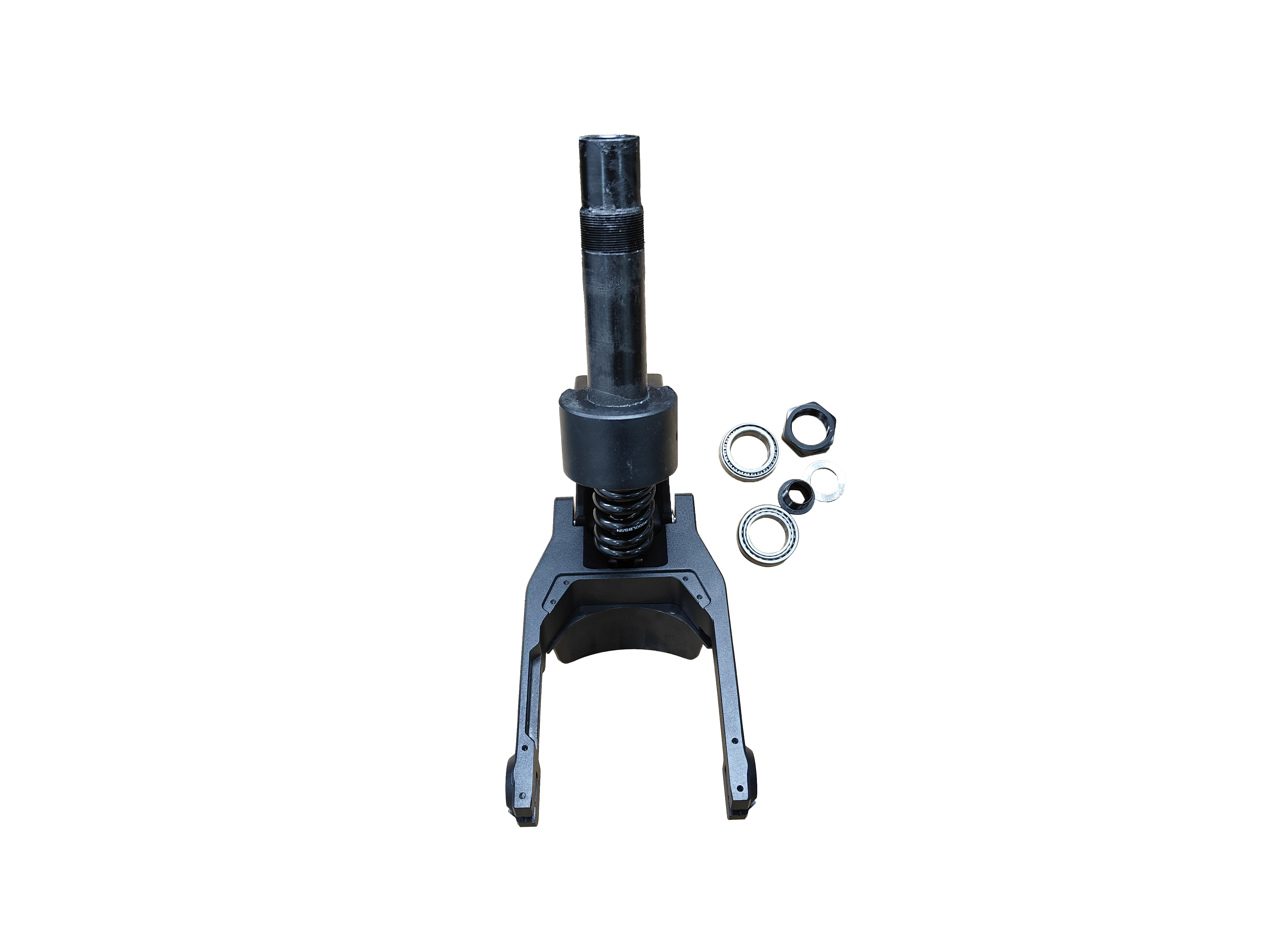 black mechanical part with two bearings and three nuts shown on a white background