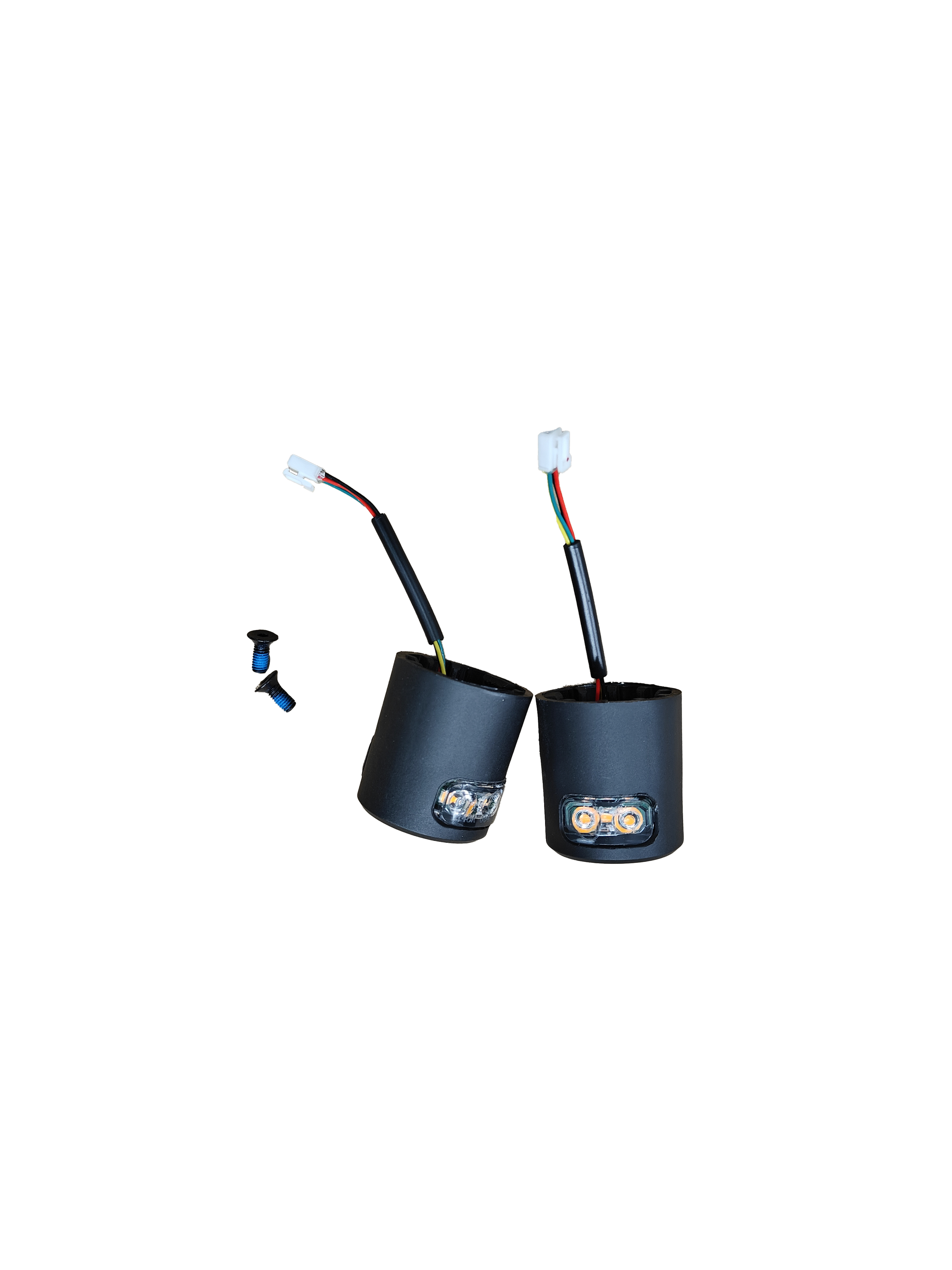 closeup image of electronic parts of a vehicle's taillights, each consisting of two black LED casings with visible wiring and screws