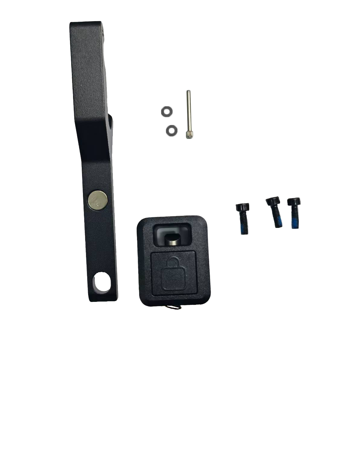 Components for security lock including plastic lever, key fob with a lock symbol, and three bolts set over a white background.