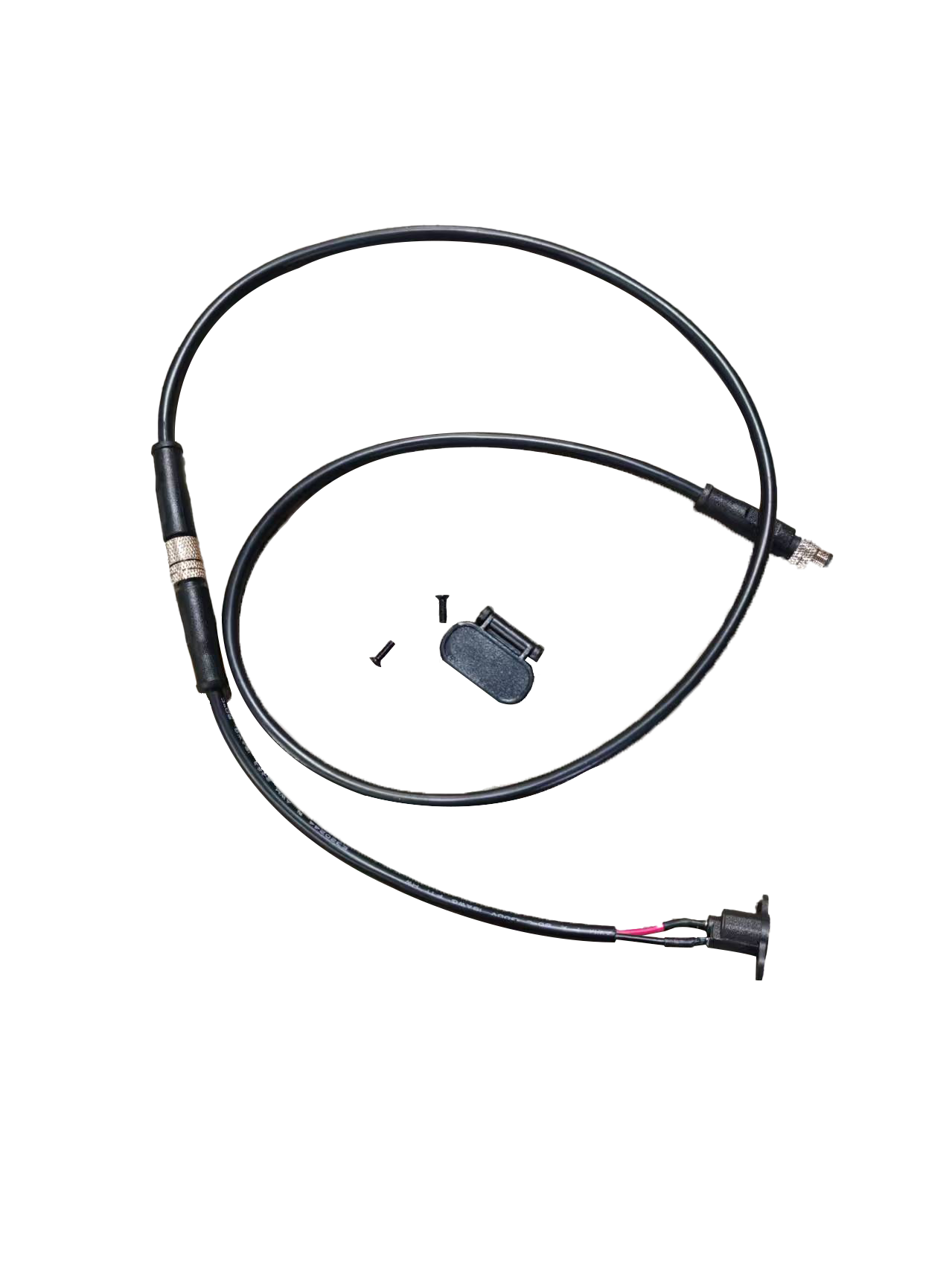 Image of a component electronic connector with two screws and a coiled black cord.