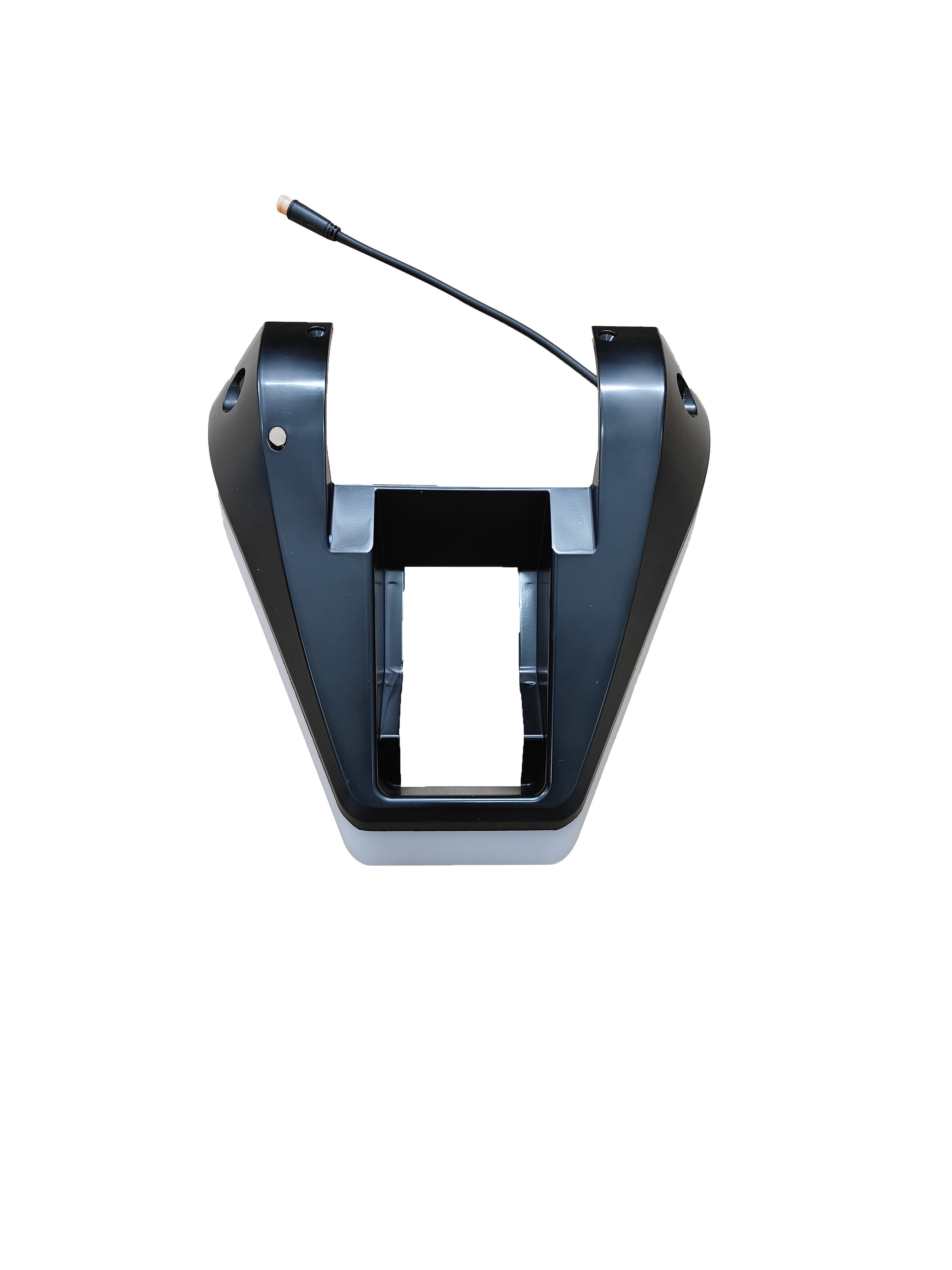 Black wireless microphone charging station with a microphone charger cable on a white background.