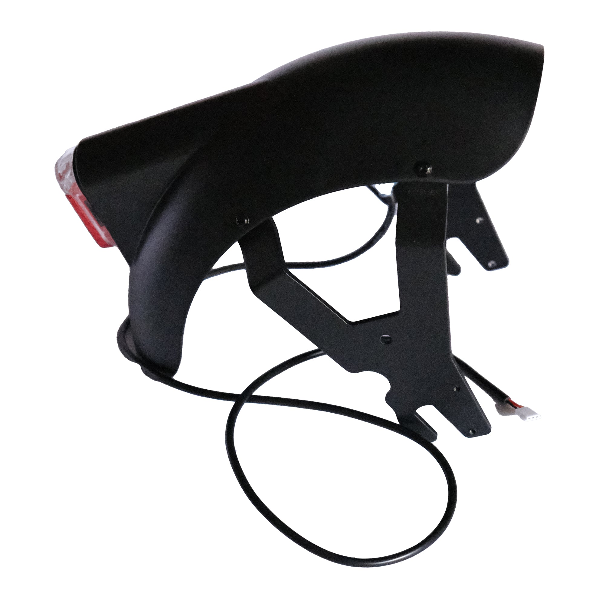 Black motorcycle fender with attached rear light wiring harness on white background