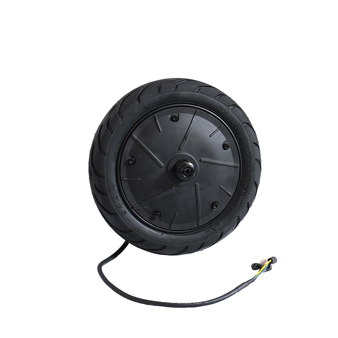 Close-up image of a sleek black electric scooter wheel with a built-in motor for electric scooters.