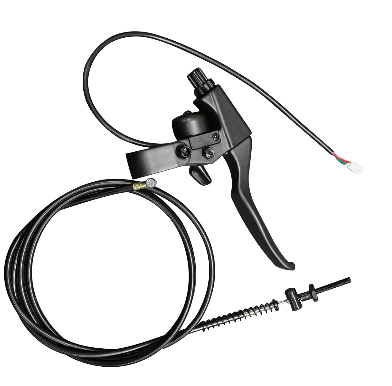 Black handle with wiring harness and tubing for bicycle brake system on white background