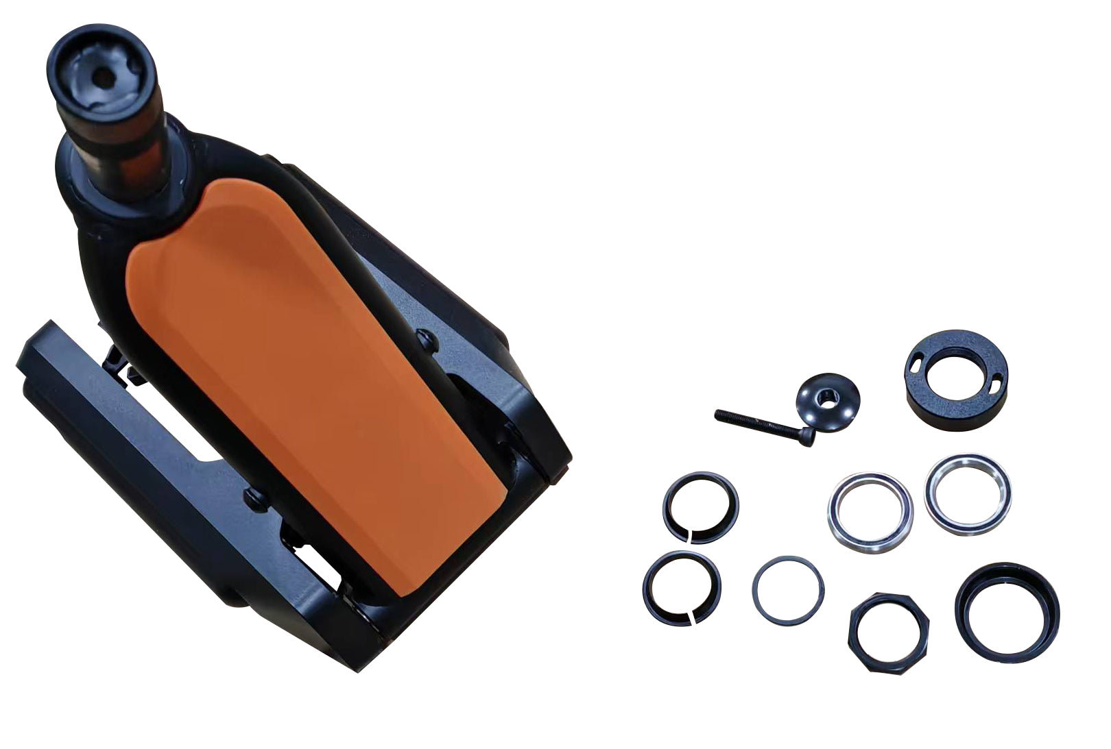 Bicycle components including handlebar and various rings and nuts for assembly displayed on a white background.