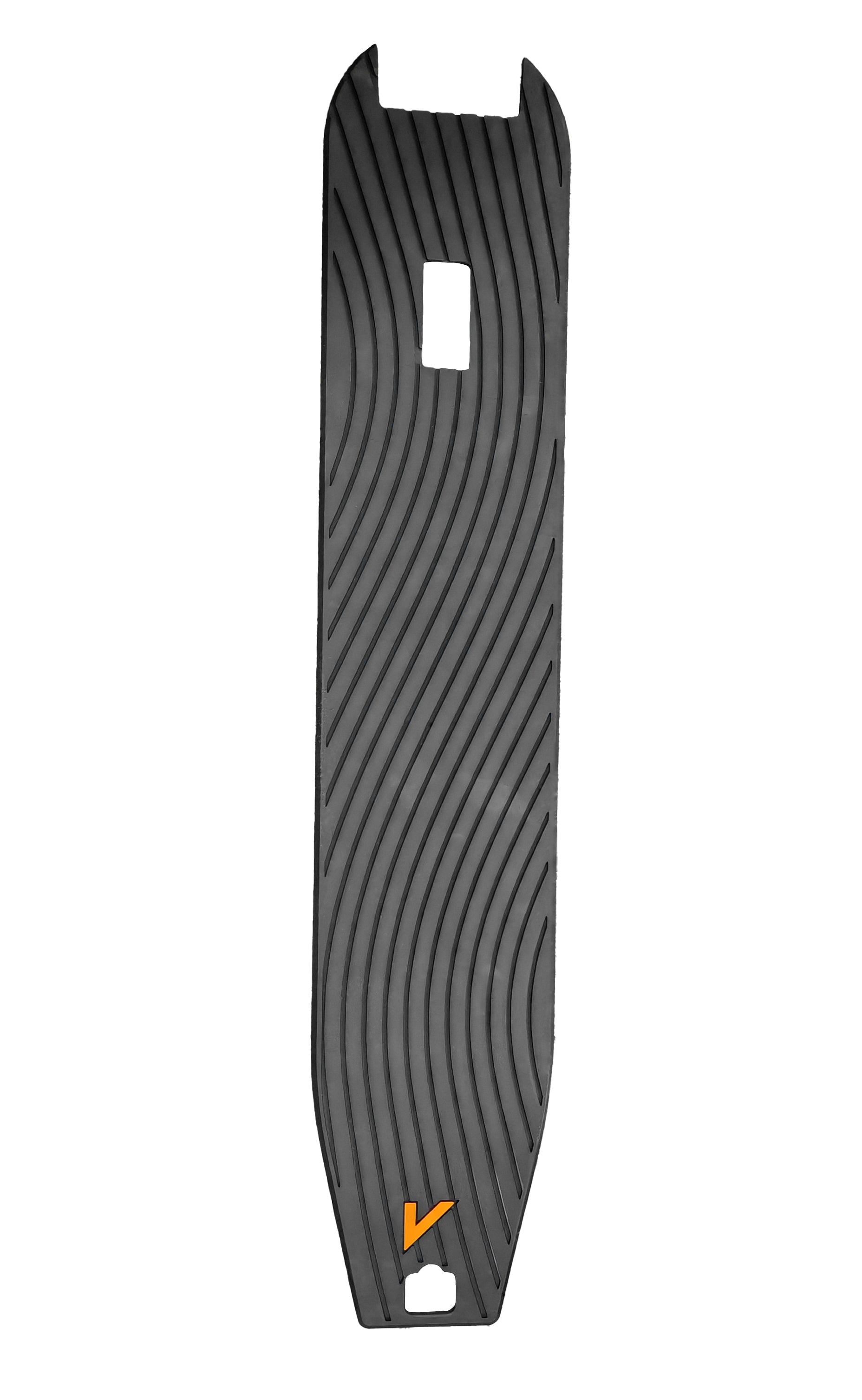 Black scooter anti-slip mat with ribbed structure and yellow icon on the bottom