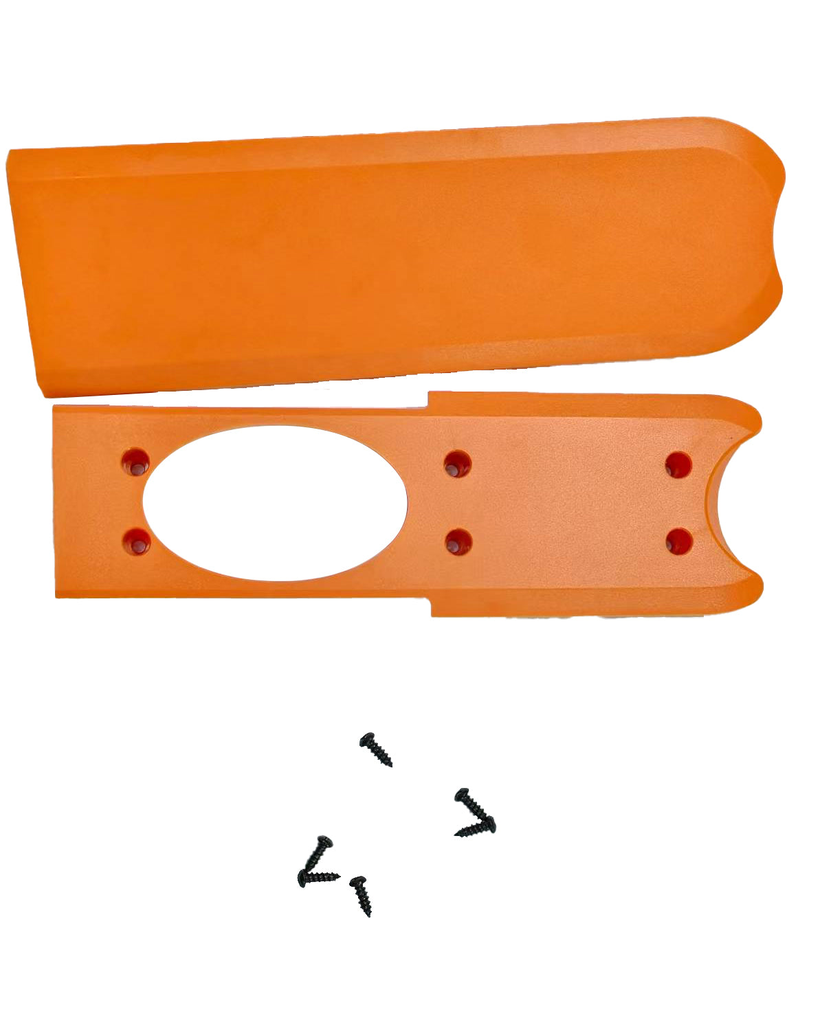 orange plastic lawn mower housing with screws displayed on white background