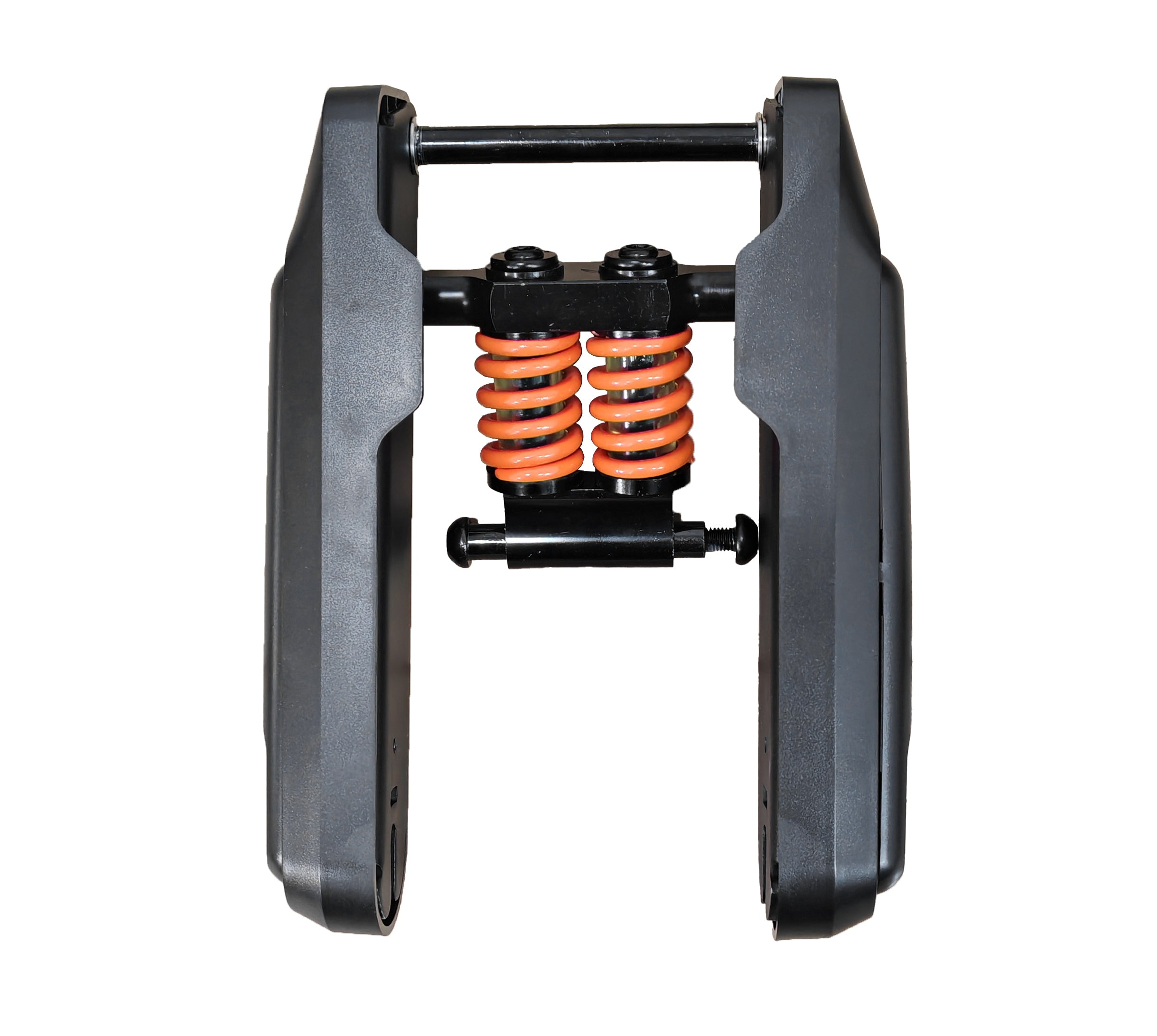 Closeup of a black bumper system featuring two orange dual-coil side shock absorbers for lifting machinery