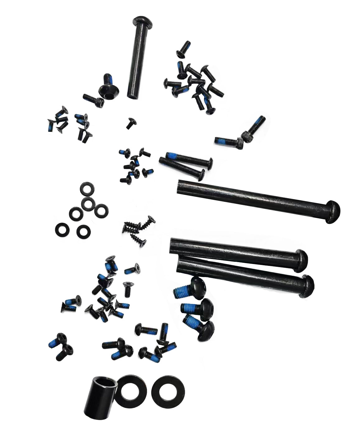 Assortment of assorted screws, washers, and bolts for bike assembly on white background