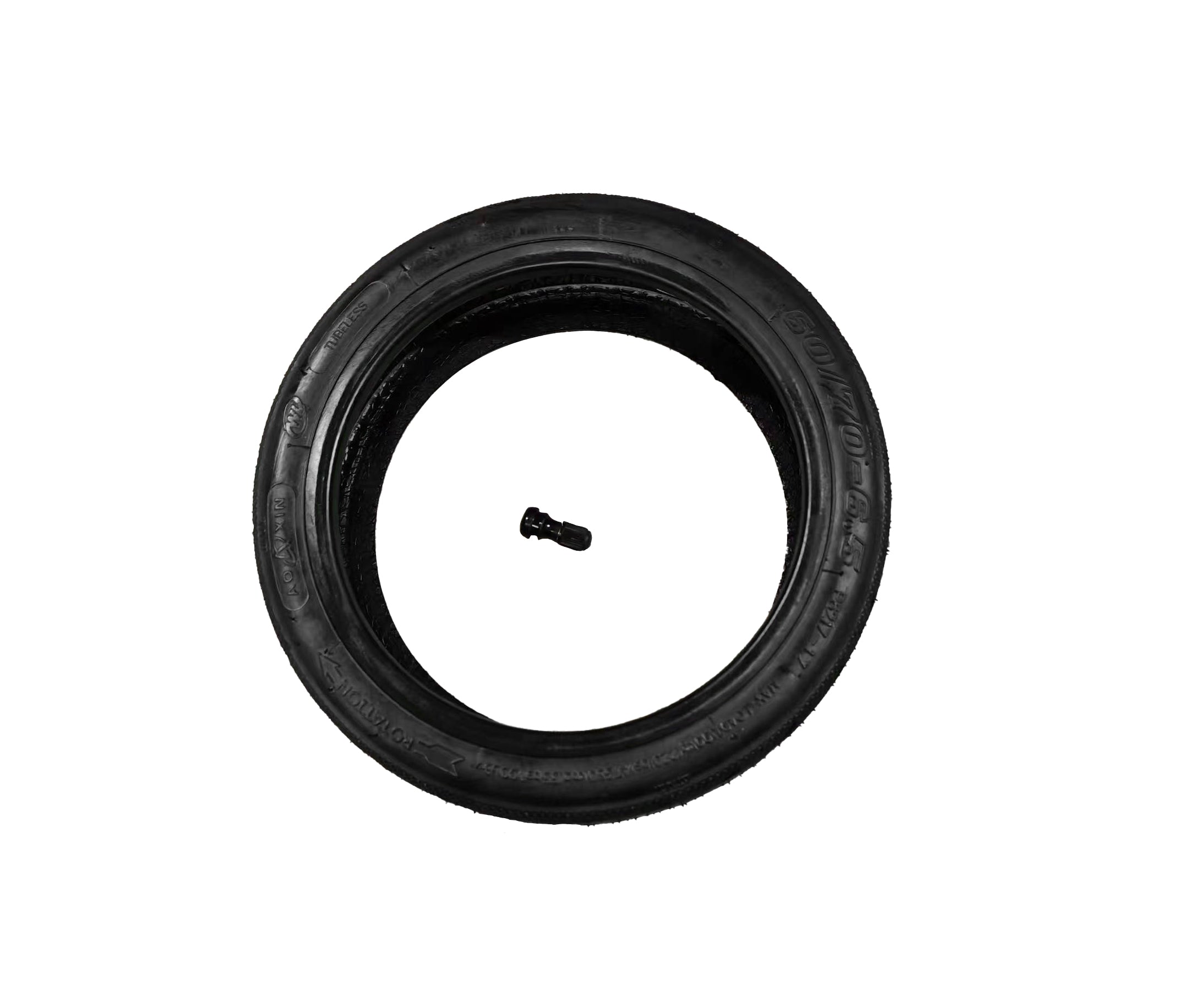Black rubber tire with a black hose connector in the center shown on a white background
